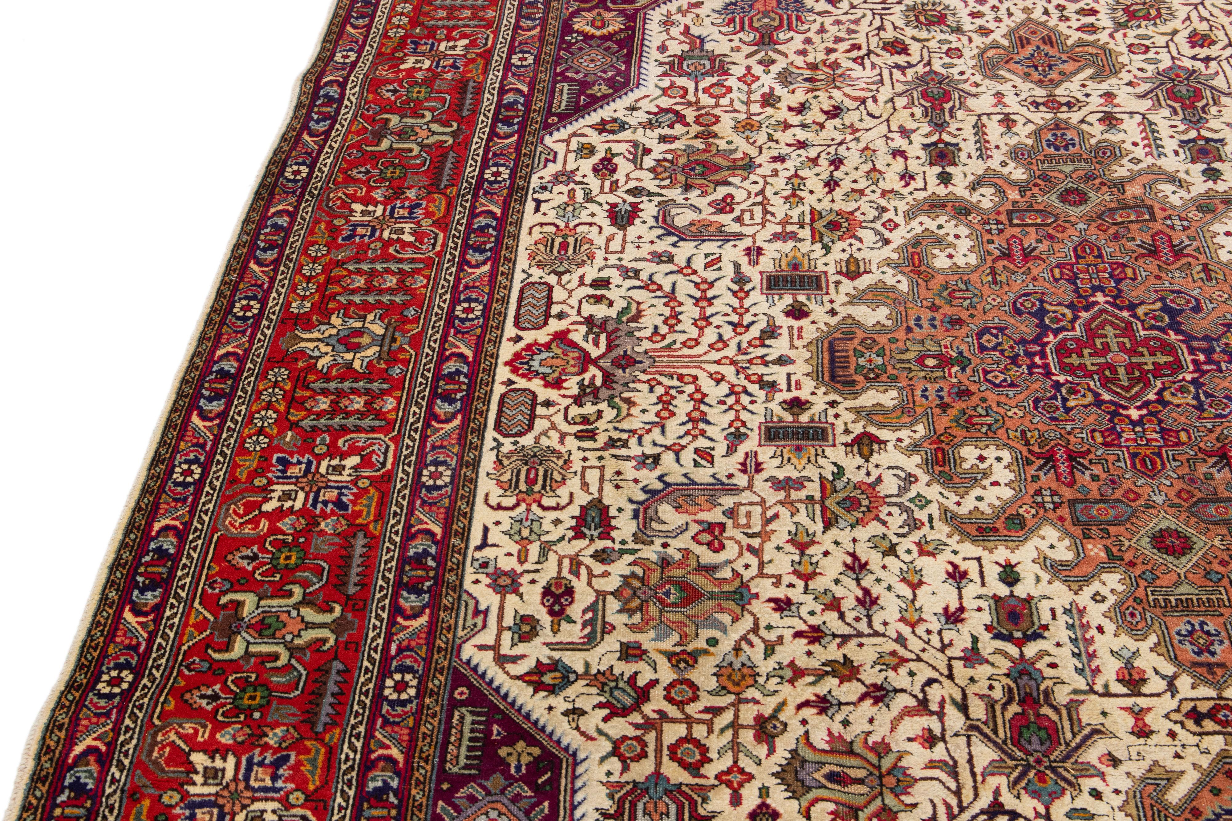 Antique Tabriz Handmade Allover Designed Beige & Red Persian Wool Rug For Sale 6