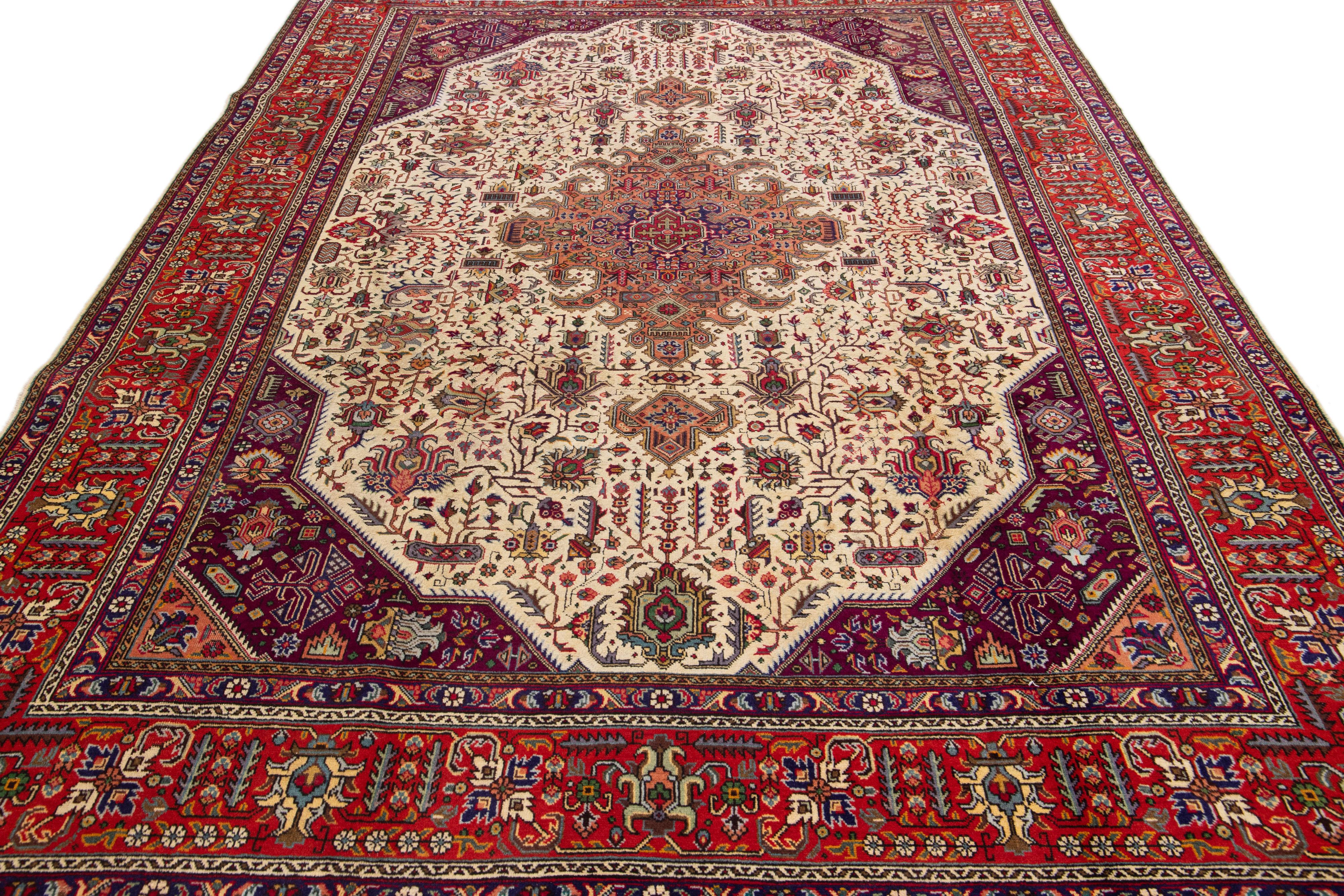 Hand-Knotted Antique Tabriz Handmade Allover Designed Beige & Red Persian Wool Rug For Sale
