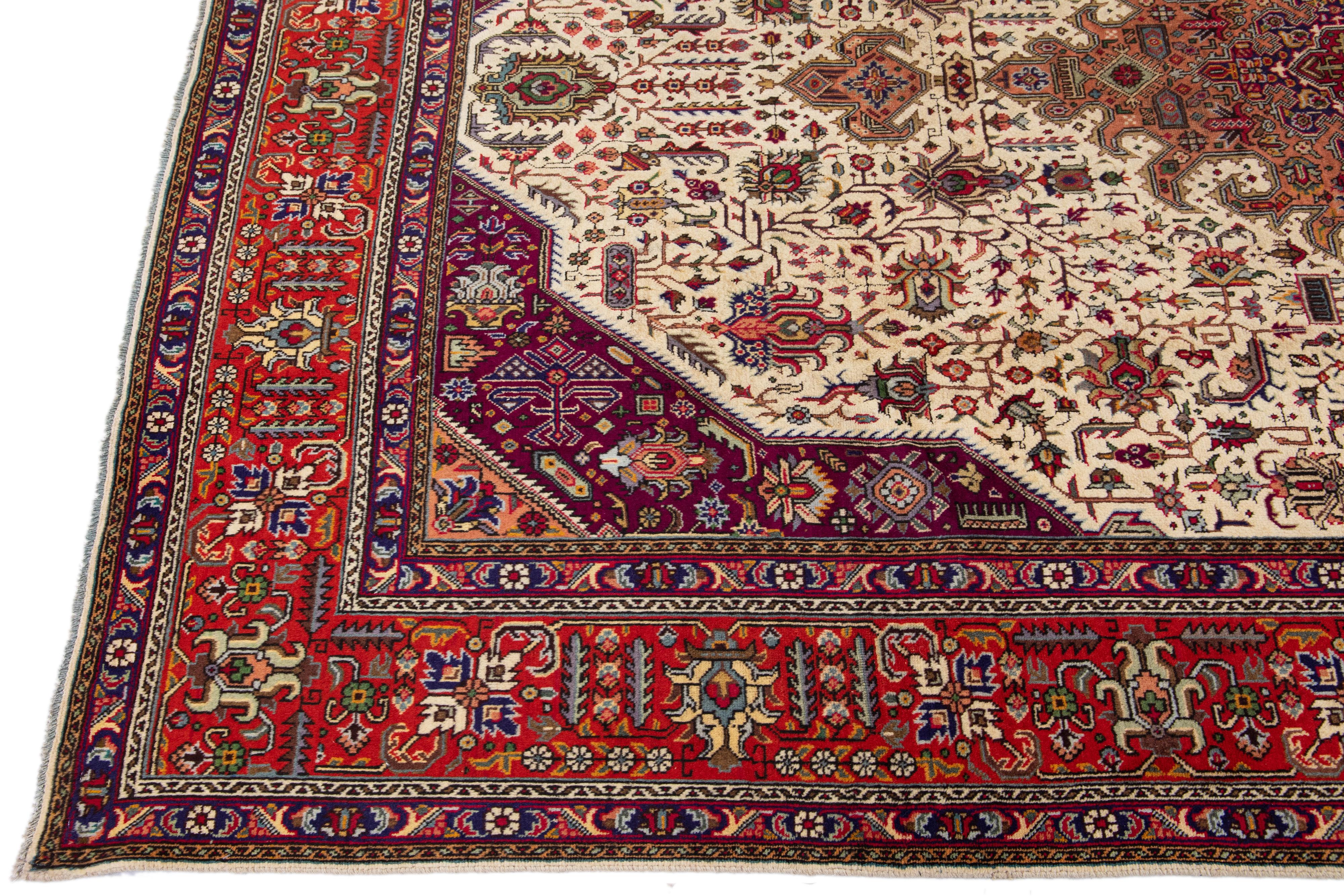 Antique Tabriz Handmade Allover Designed Beige & Red Persian Wool Rug In Good Condition For Sale In Norwalk, CT
