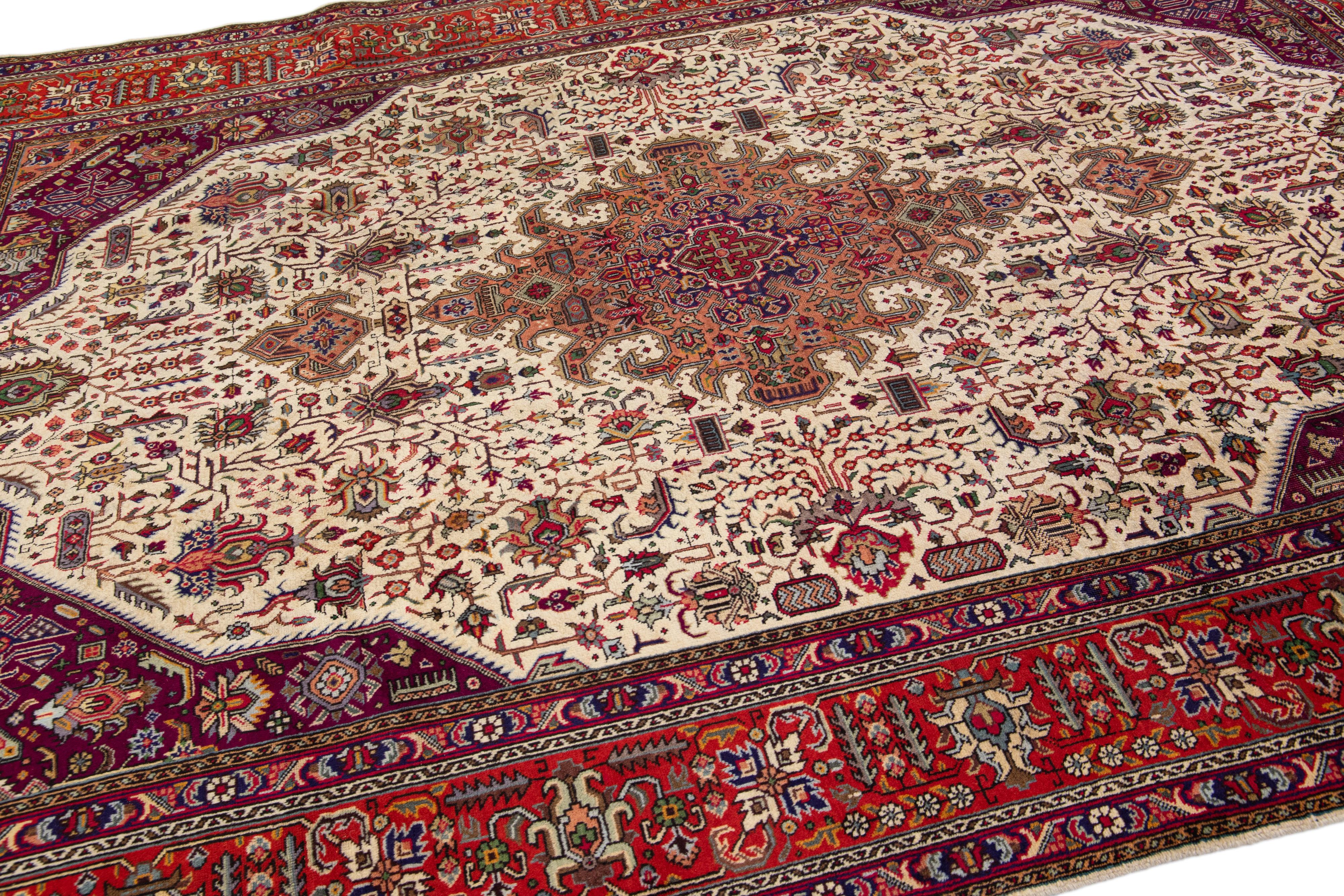 20th Century Antique Tabriz Handmade Allover Designed Beige & Red Persian Wool Rug For Sale