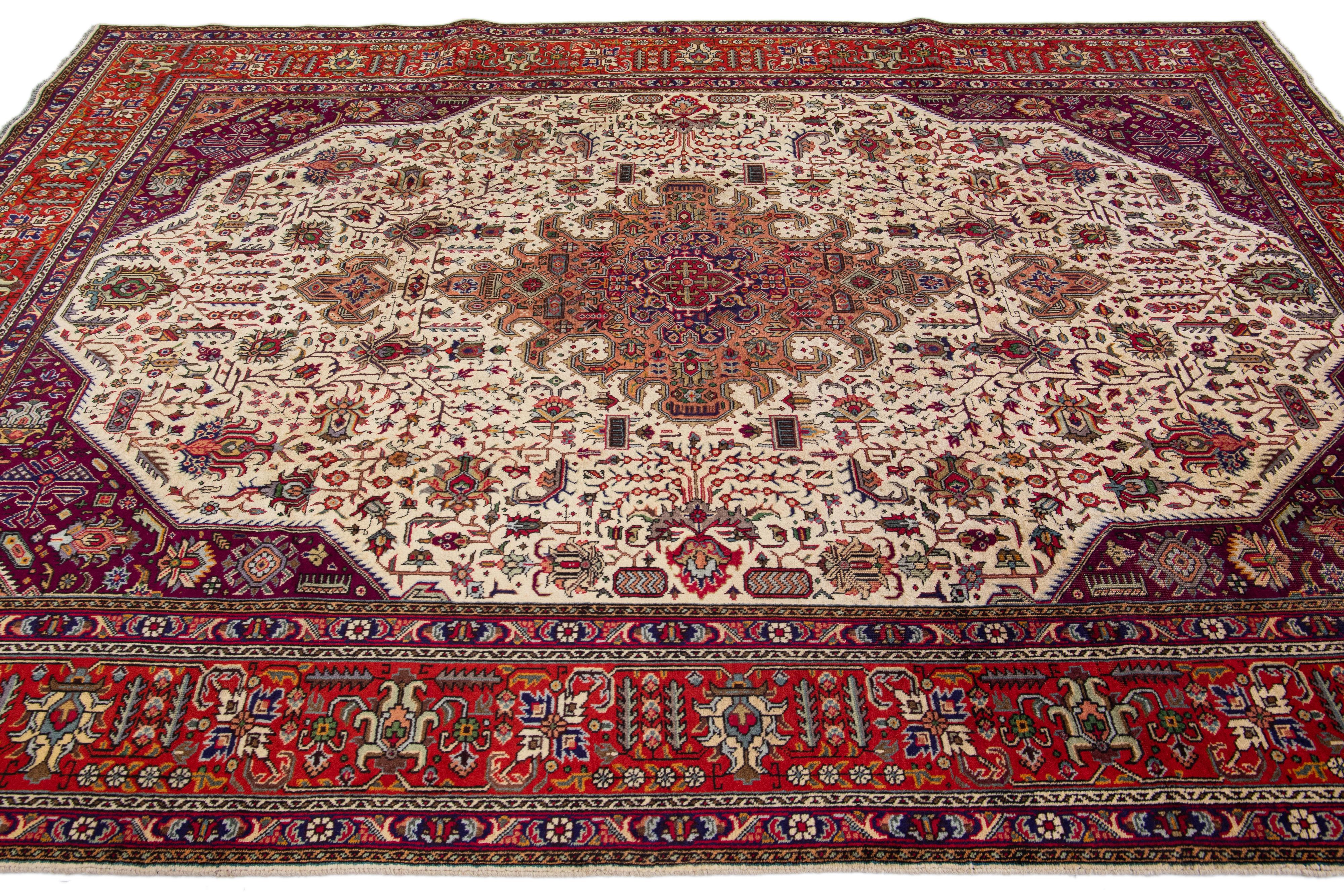 Antique Tabriz Handmade Allover Designed Beige & Red Persian Wool Rug For Sale 1