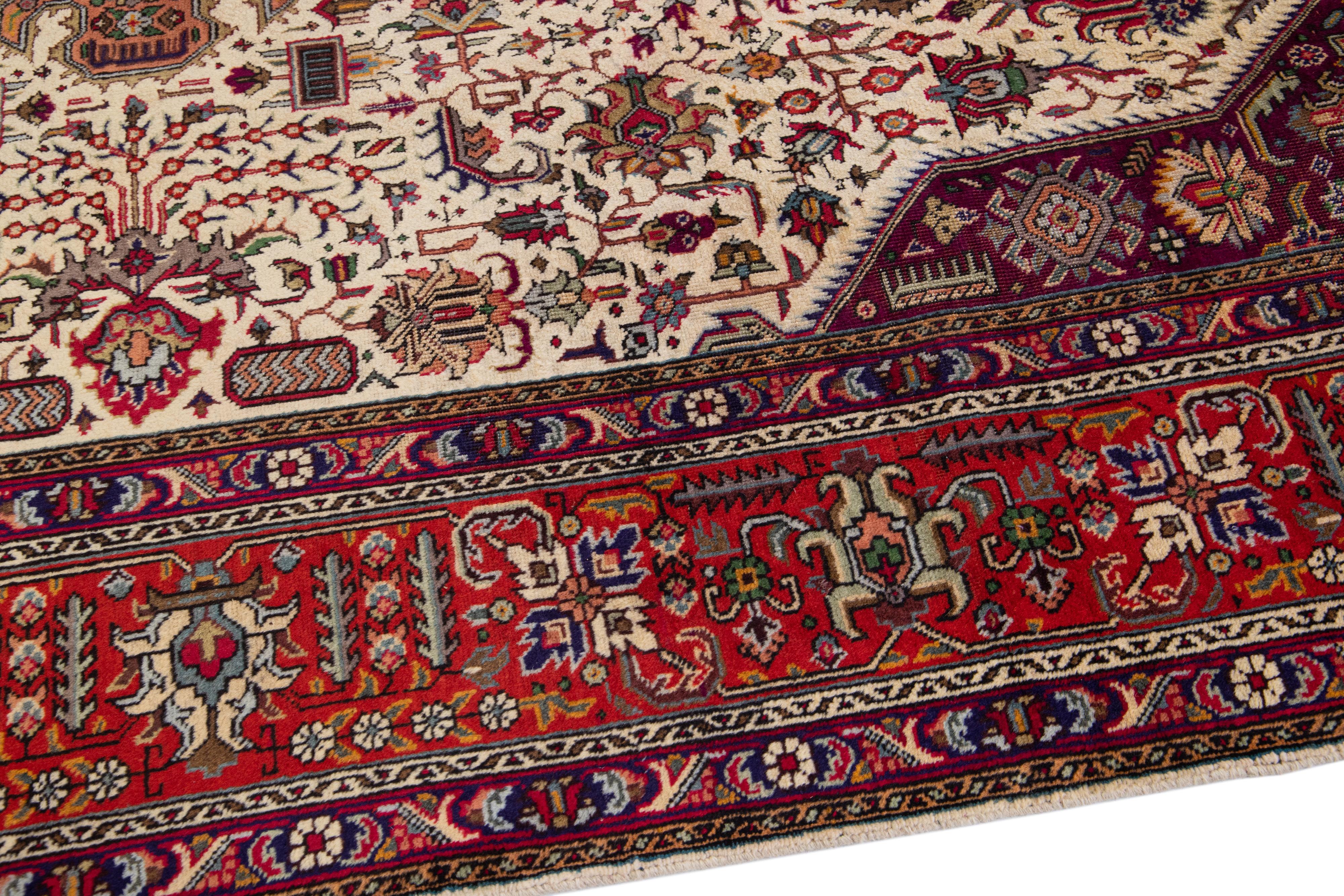 Antique Tabriz Handmade Allover Designed Beige & Red Persian Wool Rug For Sale 2