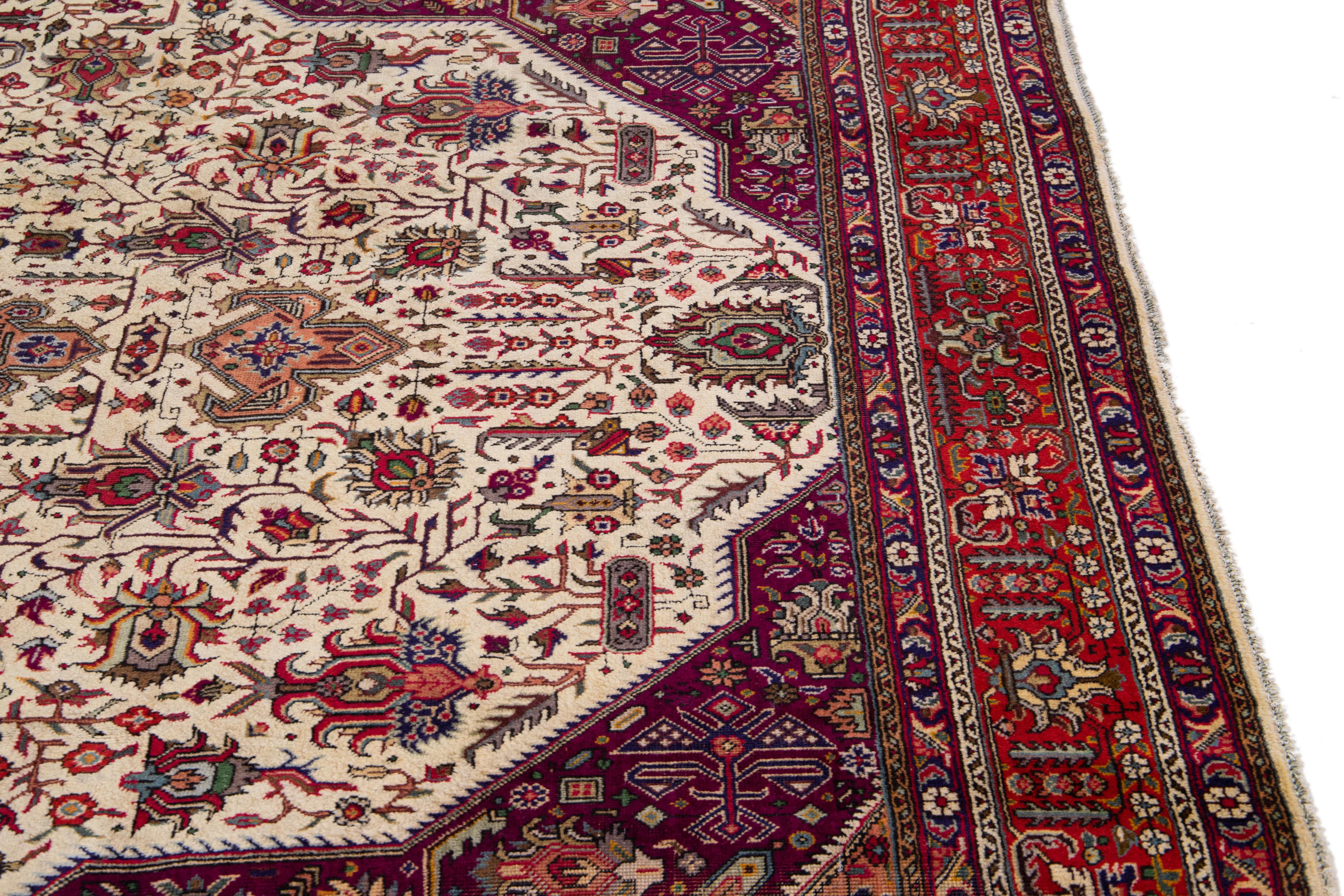 Antique Tabriz Handmade Allover Designed Beige & Red Persian Wool Rug For Sale 3