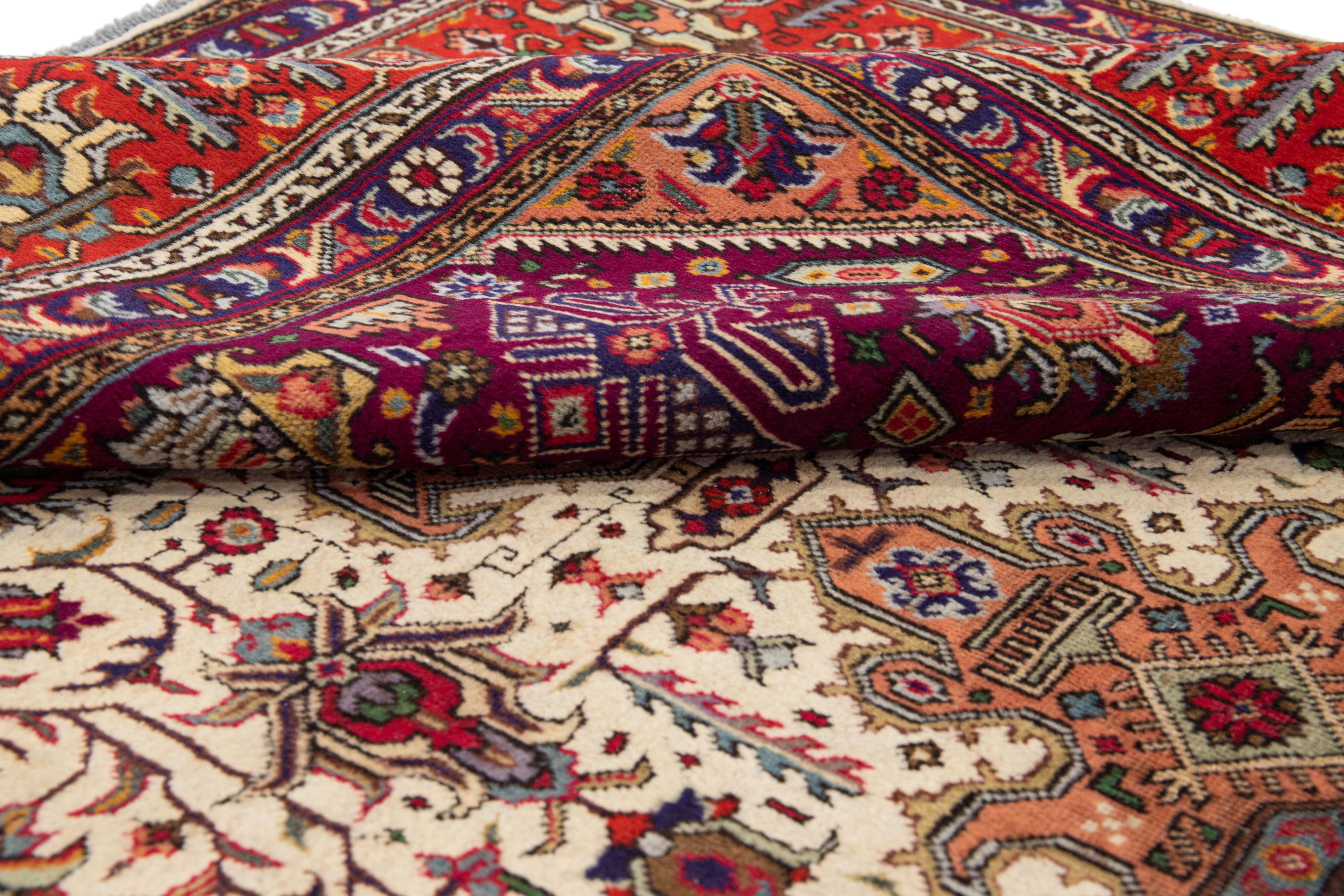 Antique Tabriz Handmade Allover Designed Beige & Red Persian Wool Rug For Sale 4