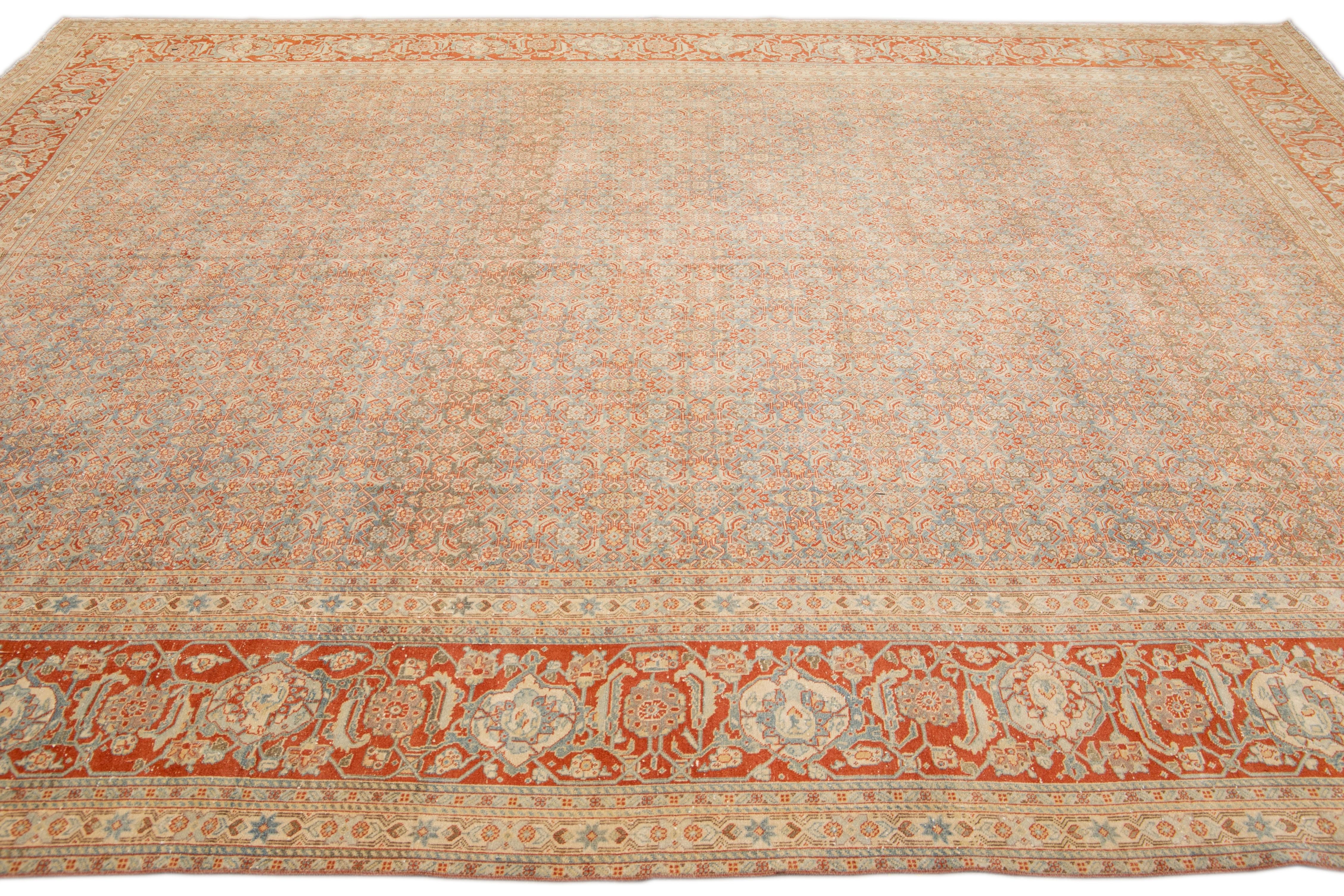 Antique Tabriz Handmade Allover Designed Blue and Rust Persian Wool Rug For Sale 2
