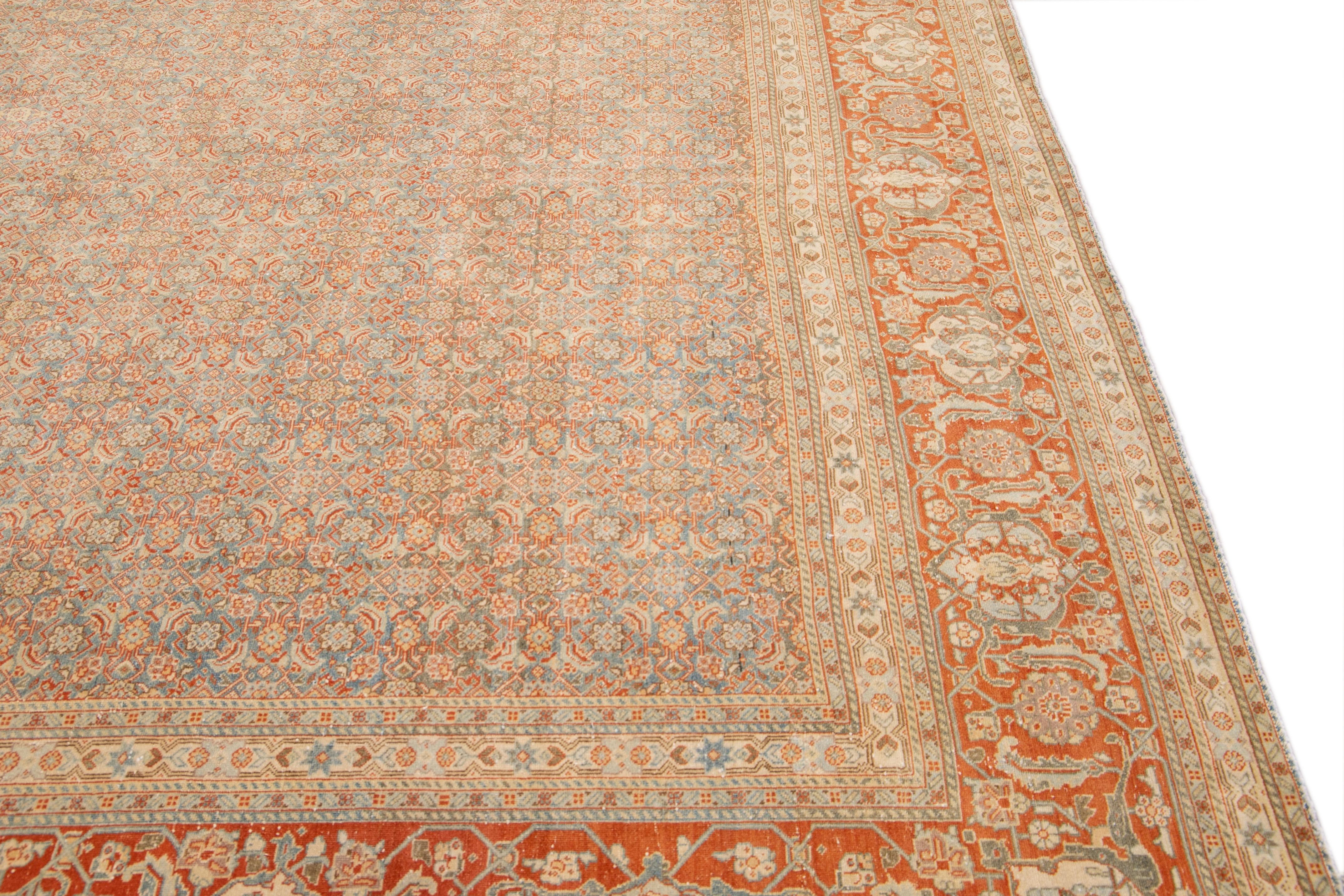 Antique Tabriz Handmade Allover Designed Blue and Rust Persian Wool Rug For Sale 3