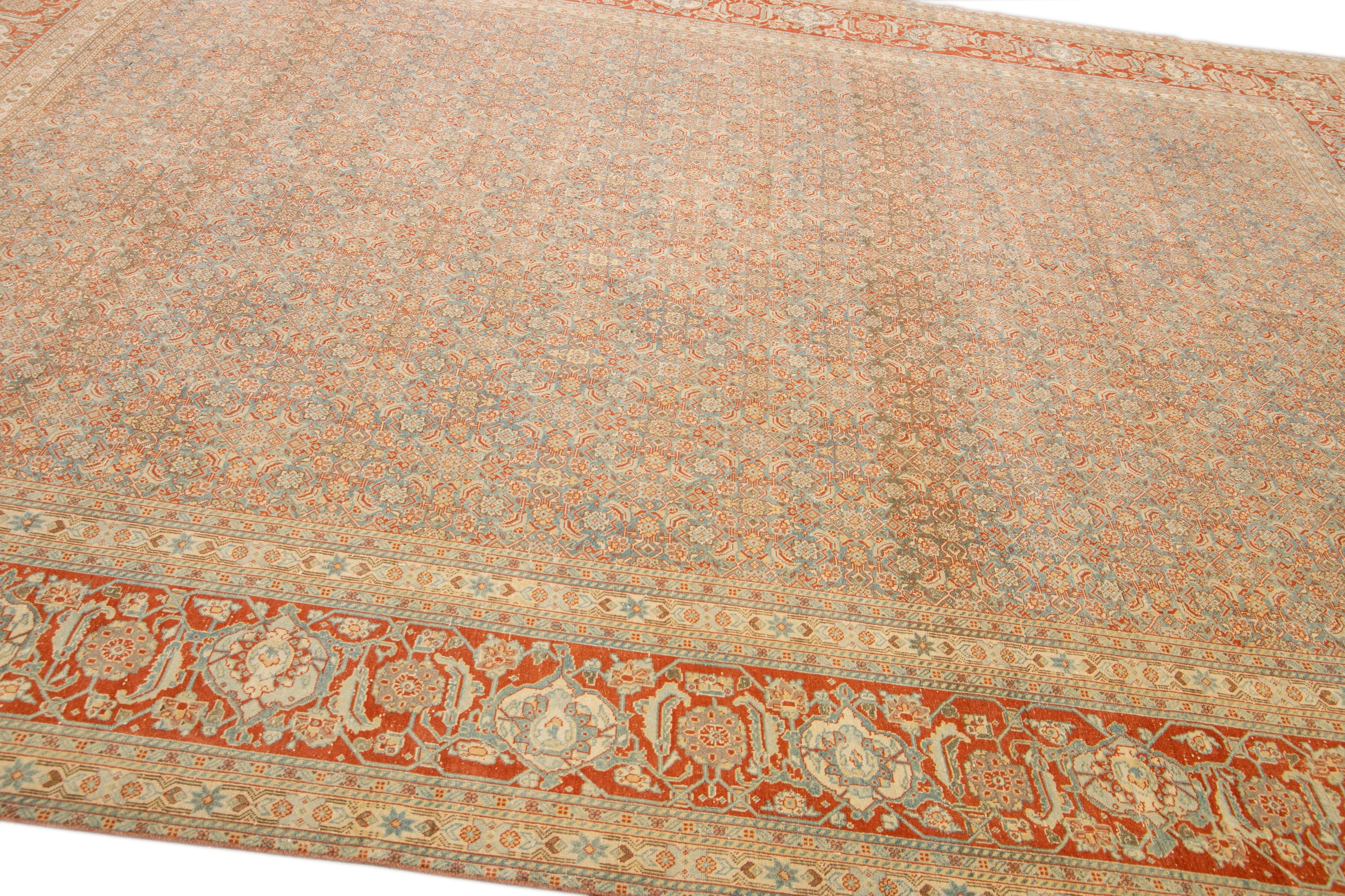 Antique Tabriz Handmade Allover Designed Blue and Rust Persian Wool Rug For Sale 4