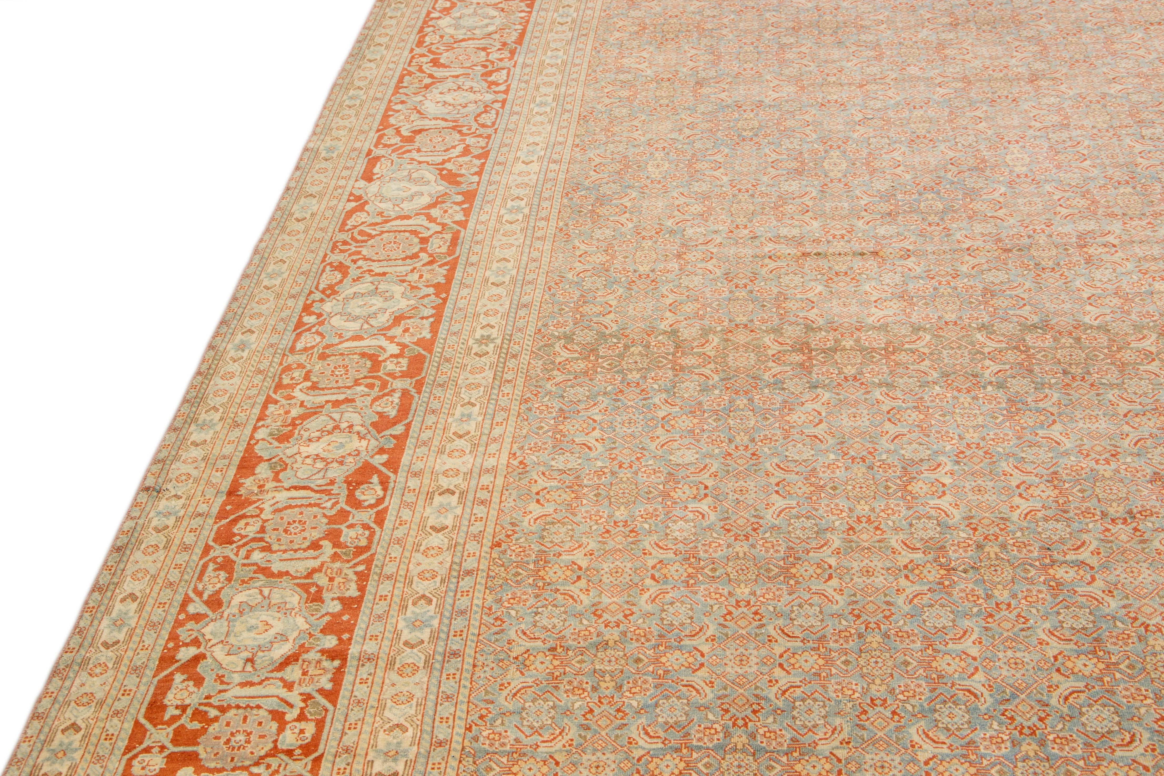 Antique Tabriz Handmade Allover Designed Blue and Rust Persian Wool Rug For Sale 5