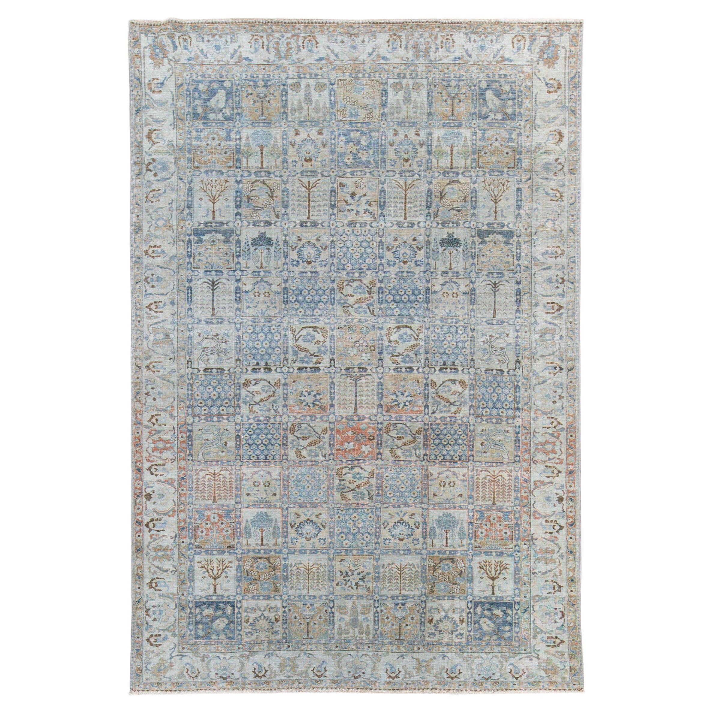 Antique Tabriz Handmade Blue Designed Geometric Pattern Wool Rug