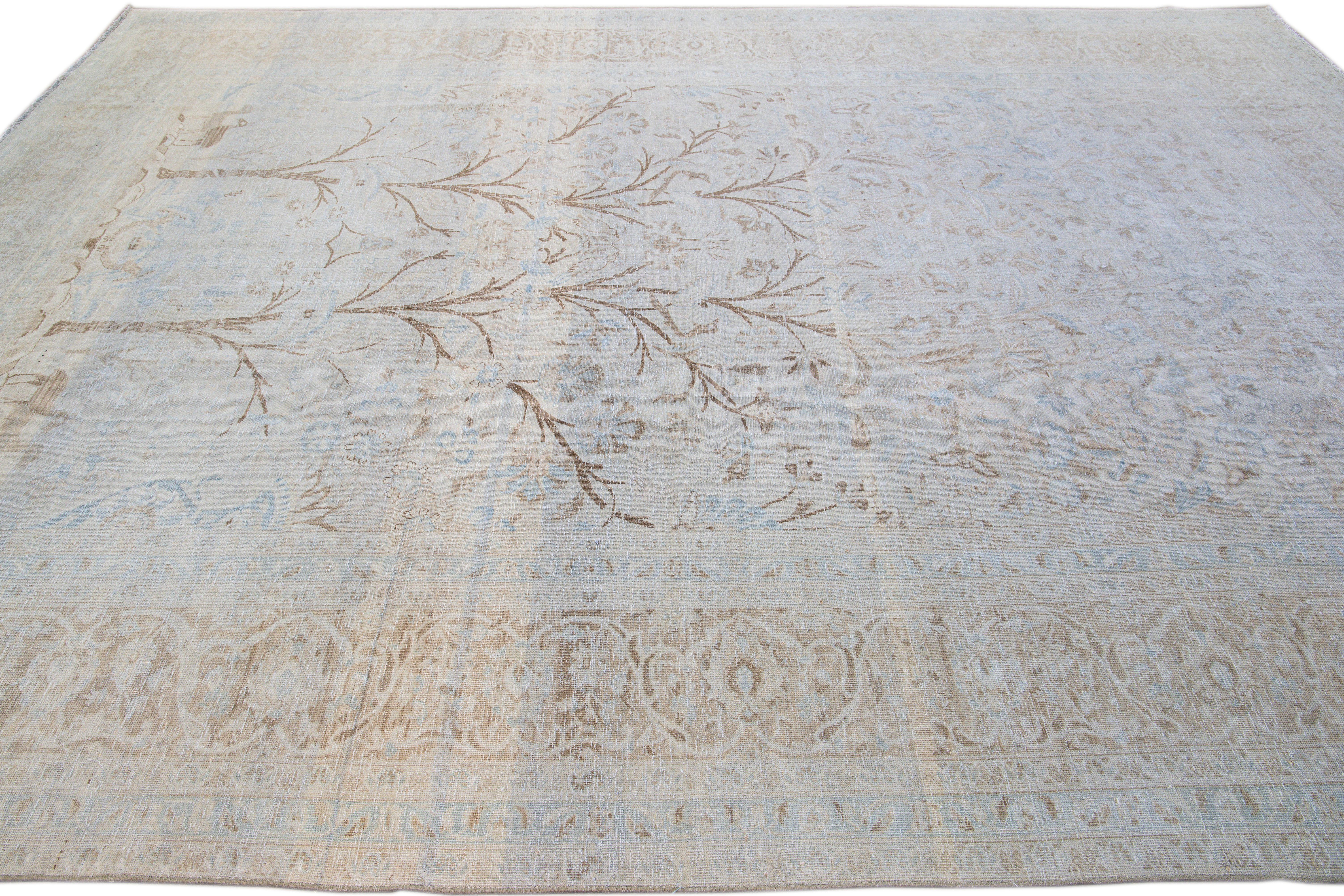 Antique Tabriz Handmade Botanical Designed Blue Wool Rug In Good Condition For Sale In Norwalk, CT