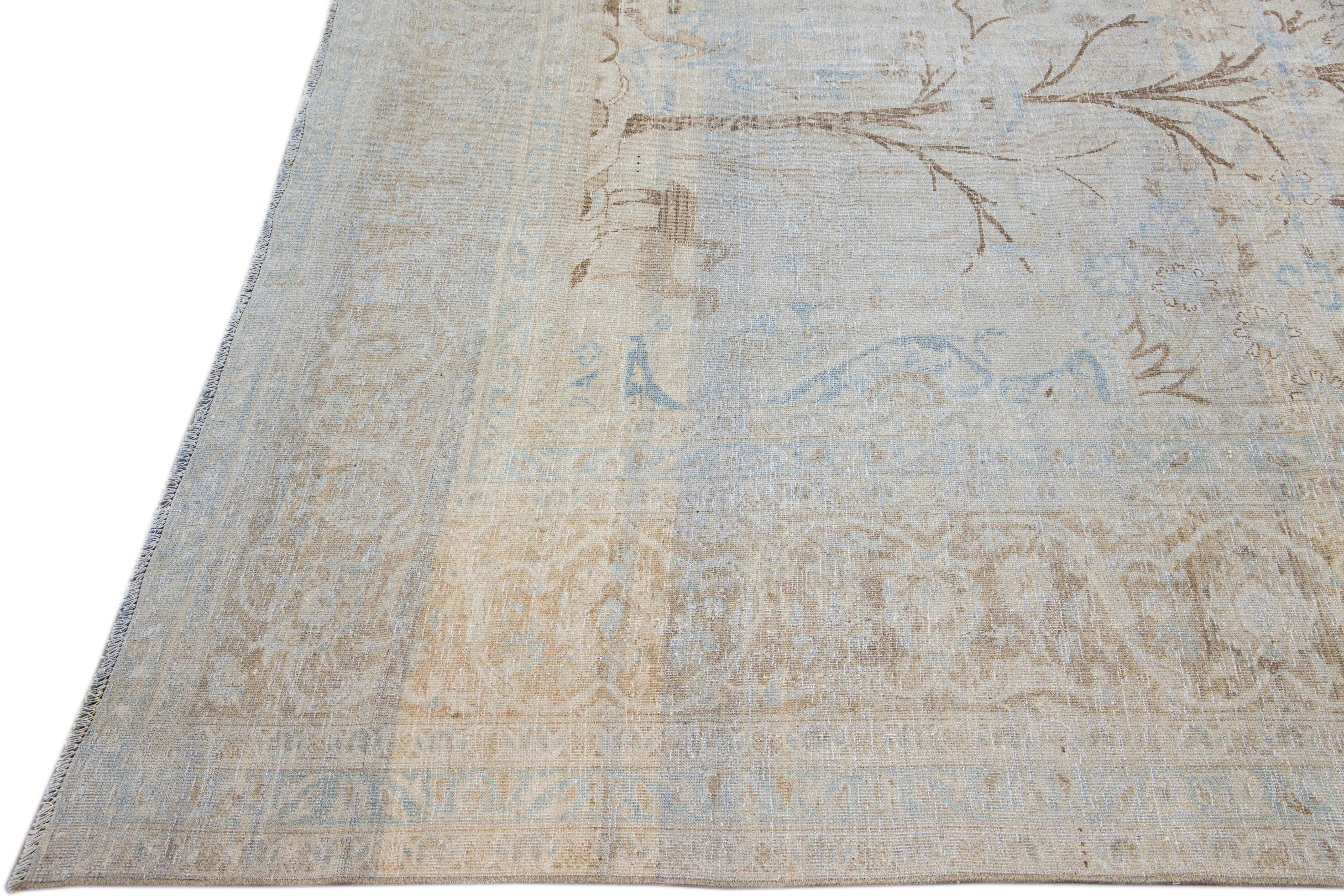 Antique Tabriz Handmade Botanical Designed Blue Wool Rug For Sale 1