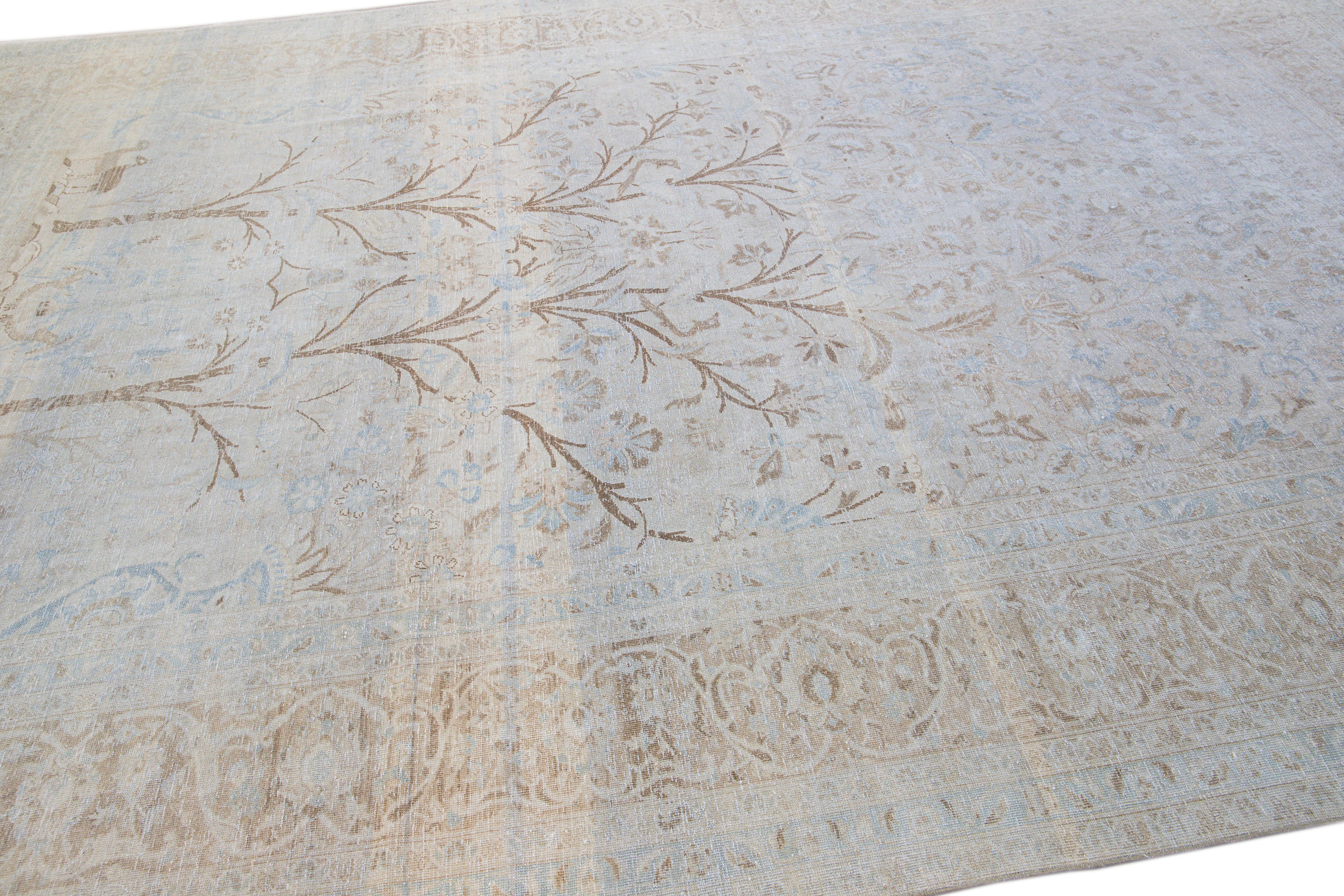 Antique Tabriz Handmade Botanical Designed Blue Wool Rug For Sale 2