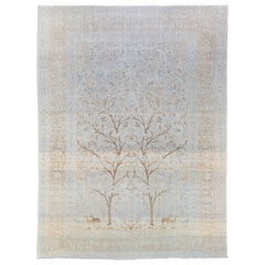 Antique Tabriz Handmade Botanical Designed Blue Wool Rug