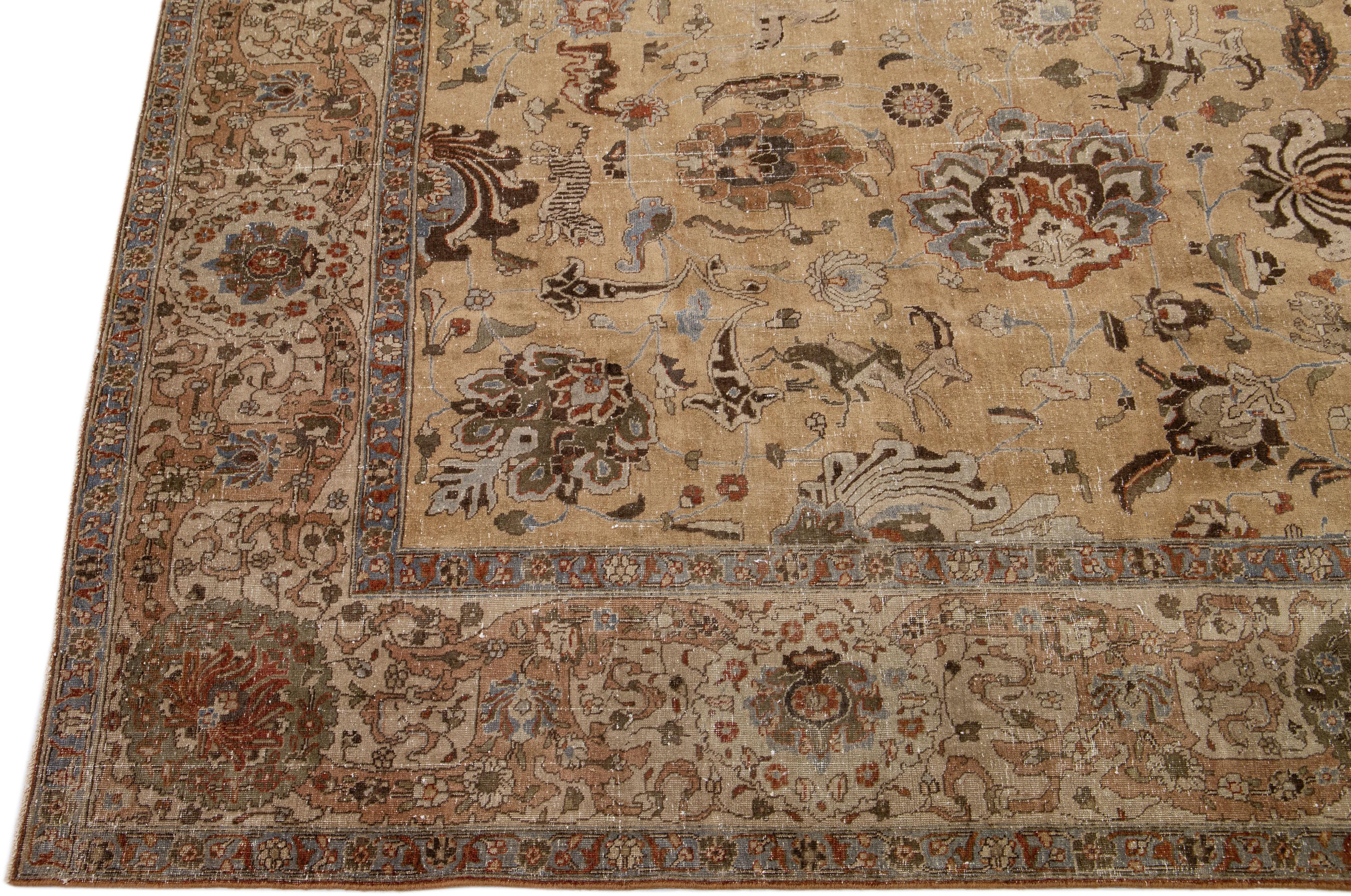 Antique Tabriz Handmade Brown Persian Wool Rug with Floral Motif In Good Condition For Sale In Norwalk, CT