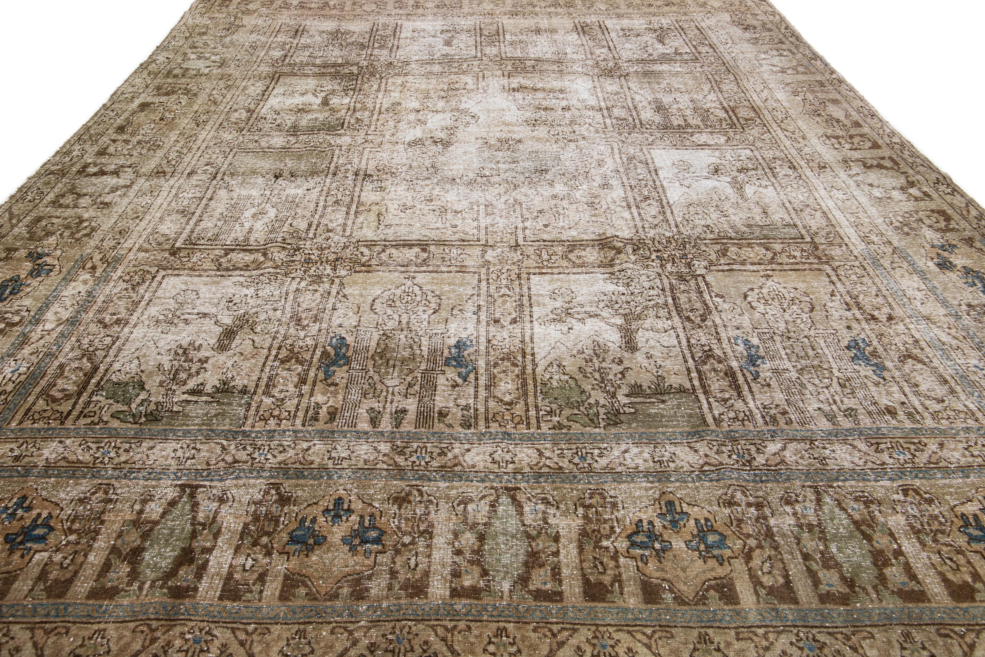 Hand-Knotted Antique Tabriz Handmade Floral Persian Brown Wool Rug For Sale