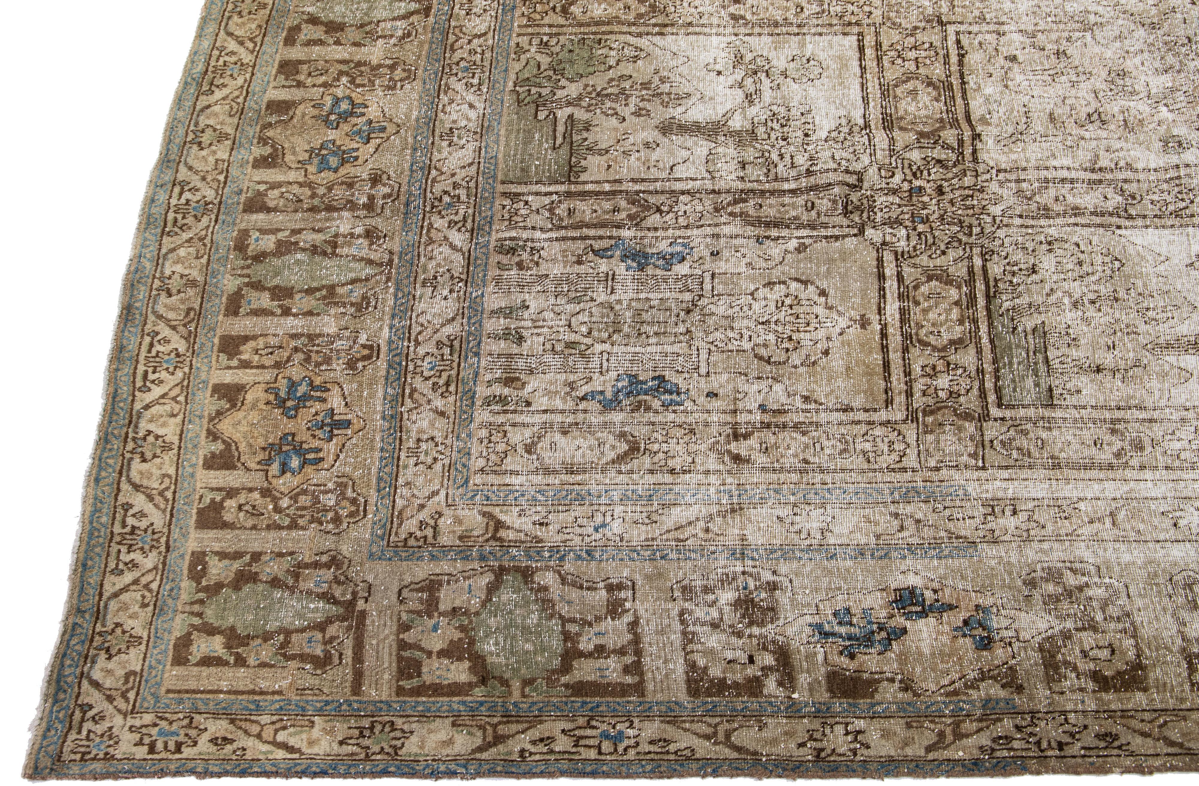 Antique Tabriz Handmade Floral Persian Brown Wool Rug In Distressed Condition For Sale In Norwalk, CT