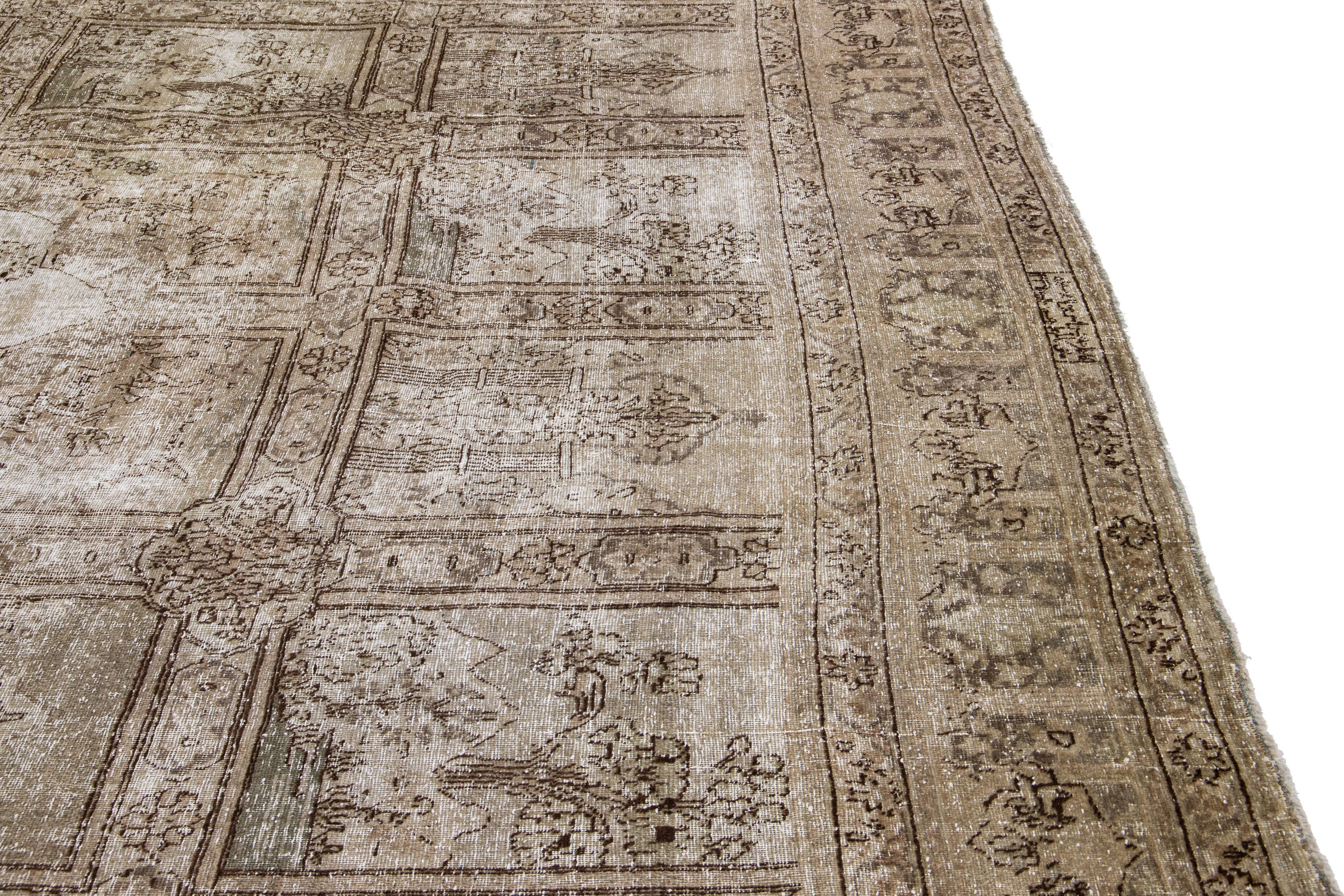 Antique Tabriz Handmade Floral Persian Brown Wool Rug For Sale 3