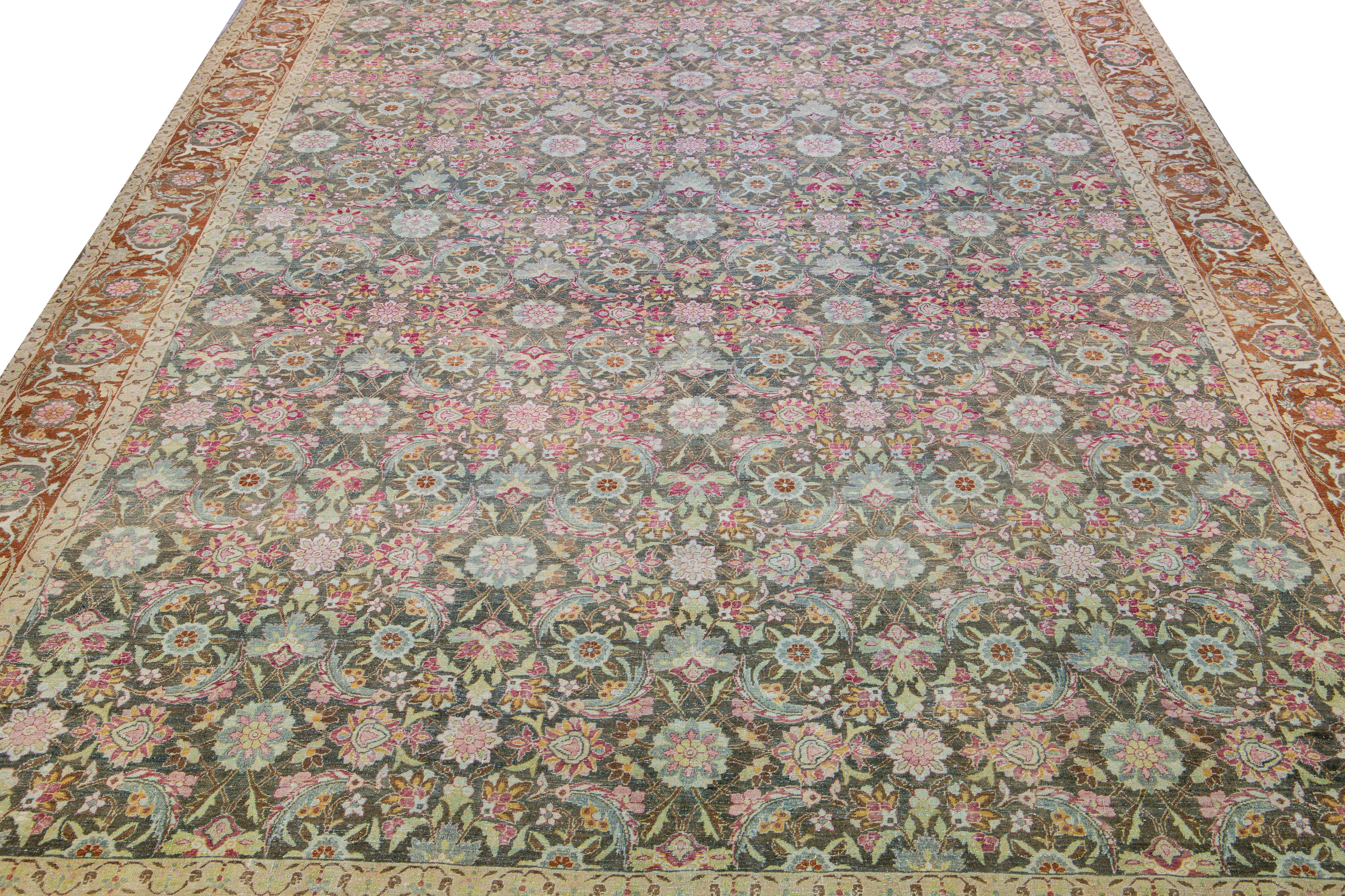 Islamic Antique Tabriz Handmade Multicolor Botanical Designed Oversize Gray Wool Rug For Sale