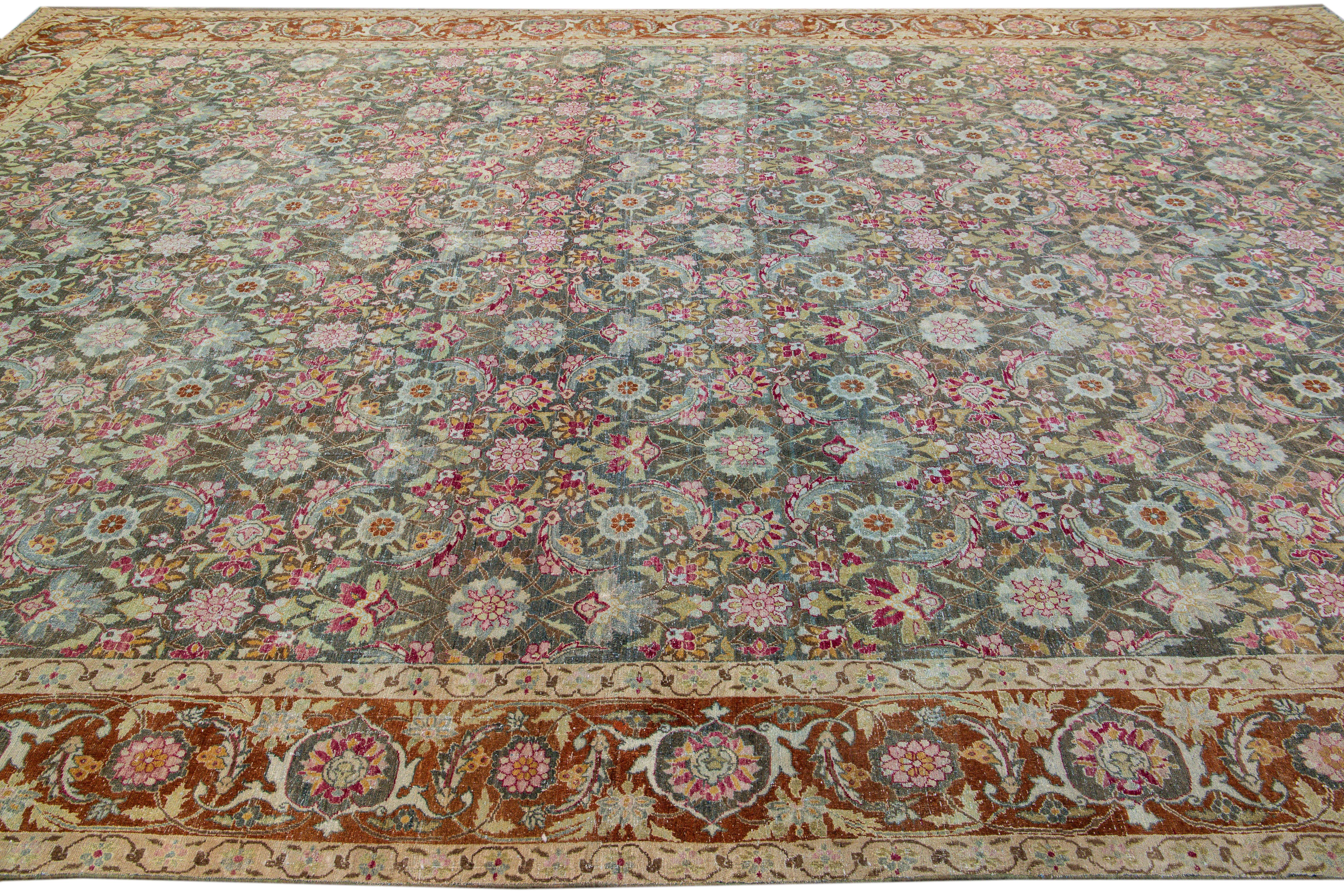 Antique Tabriz Handmade Multicolor Botanical Designed Oversize Gray Wool Rug In Good Condition For Sale In Norwalk, CT