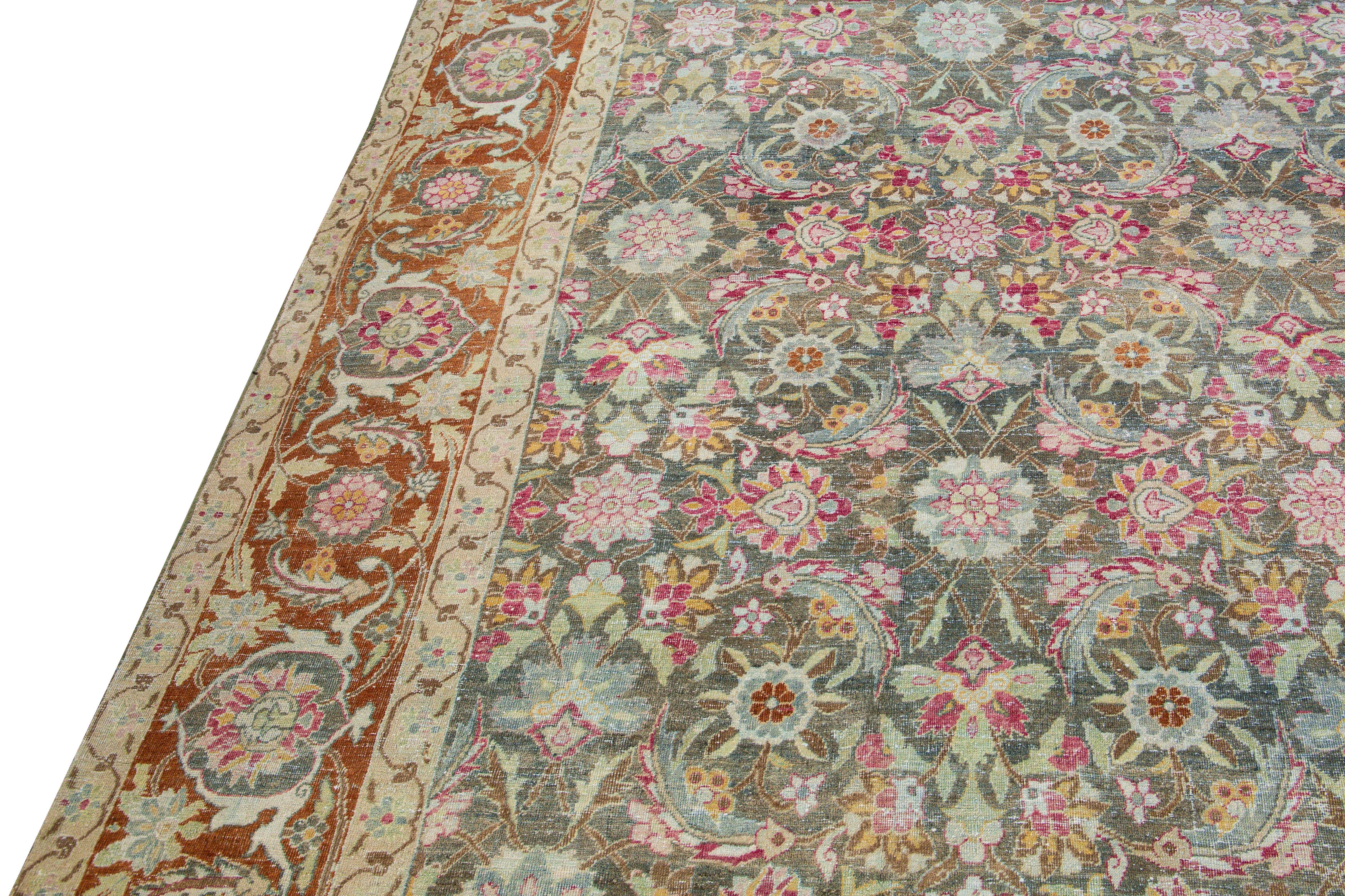 Antique Tabriz Handmade Multicolor Botanical Designed Oversize Gray Wool Rug For Sale 1