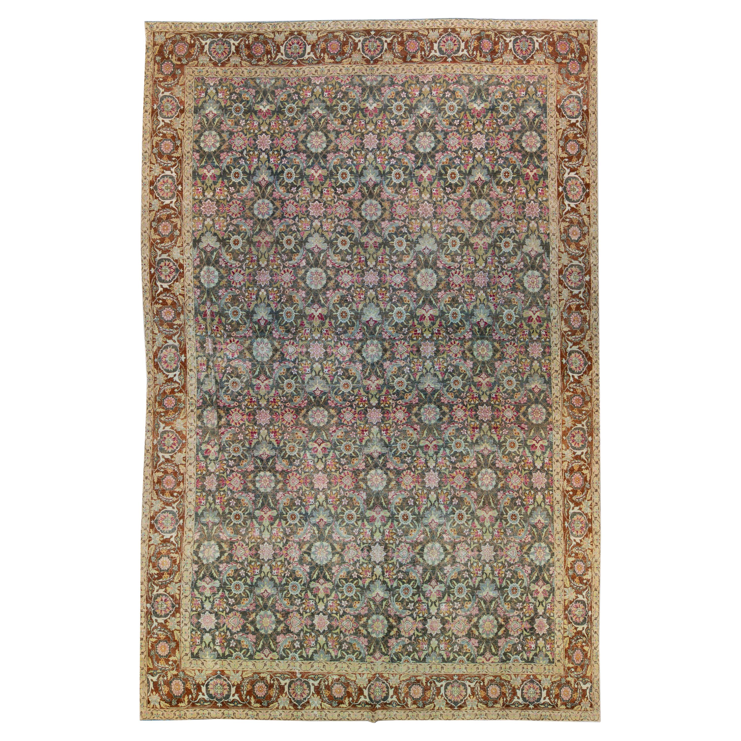 Antique Tabriz Handmade Multicolor Botanical Designed Oversize Gray Wool Rug For Sale