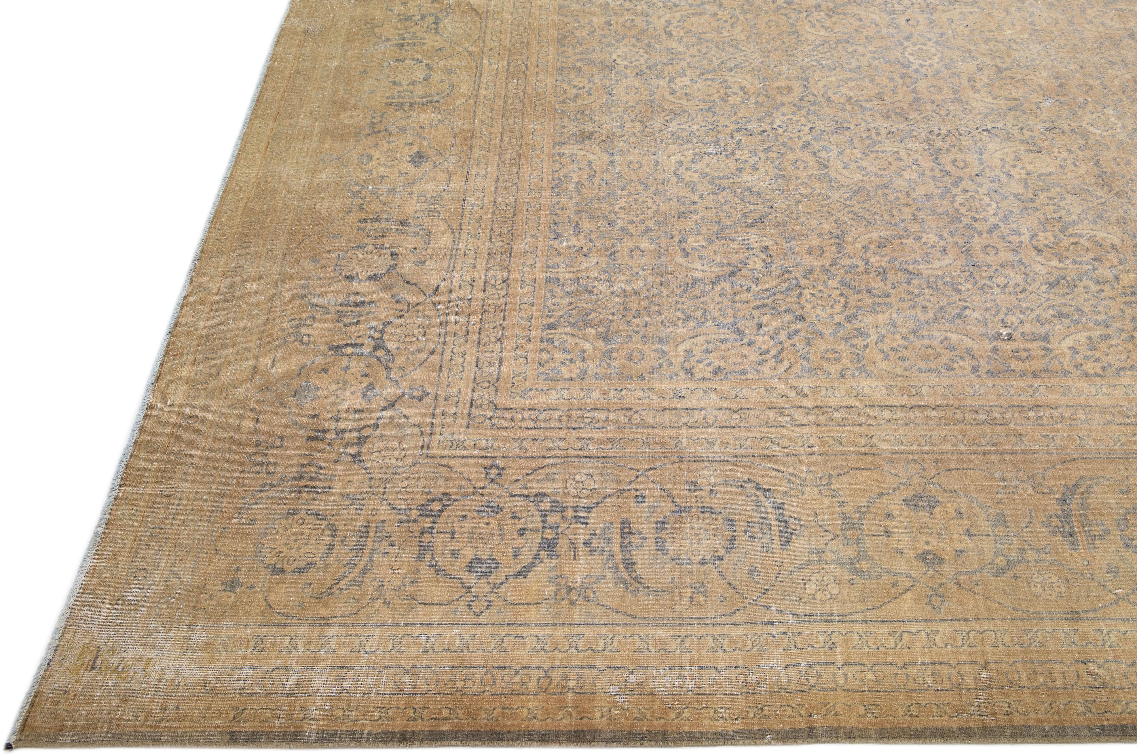 Hand-Knotted Antique Tabriz Handmade Persian Tan Oversize Wool Rug with Shah Abbasi Motif For Sale