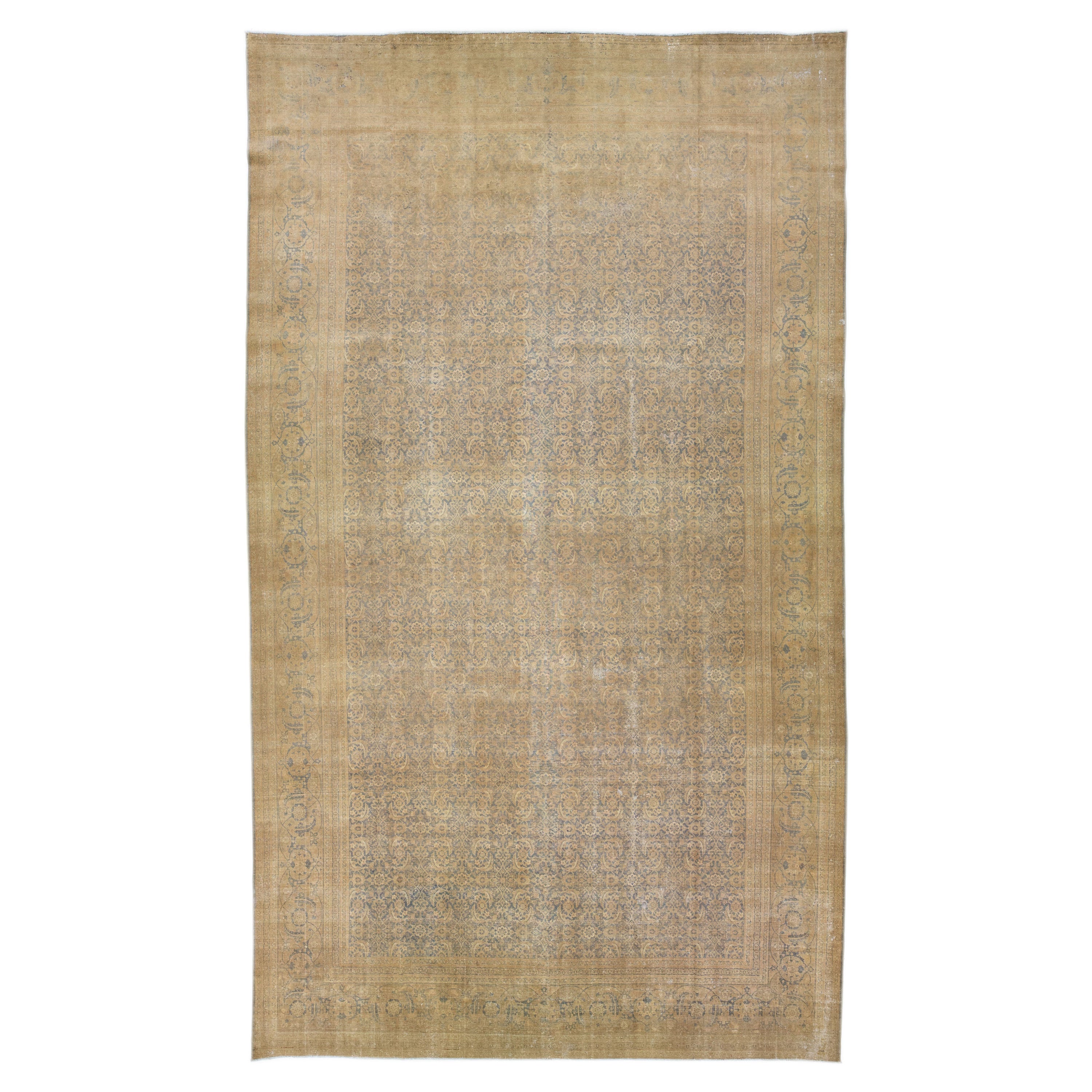 Antique Tabriz Handmade Persian Tan Oversize Wool Rug with Shah Abbasi Motif For Sale