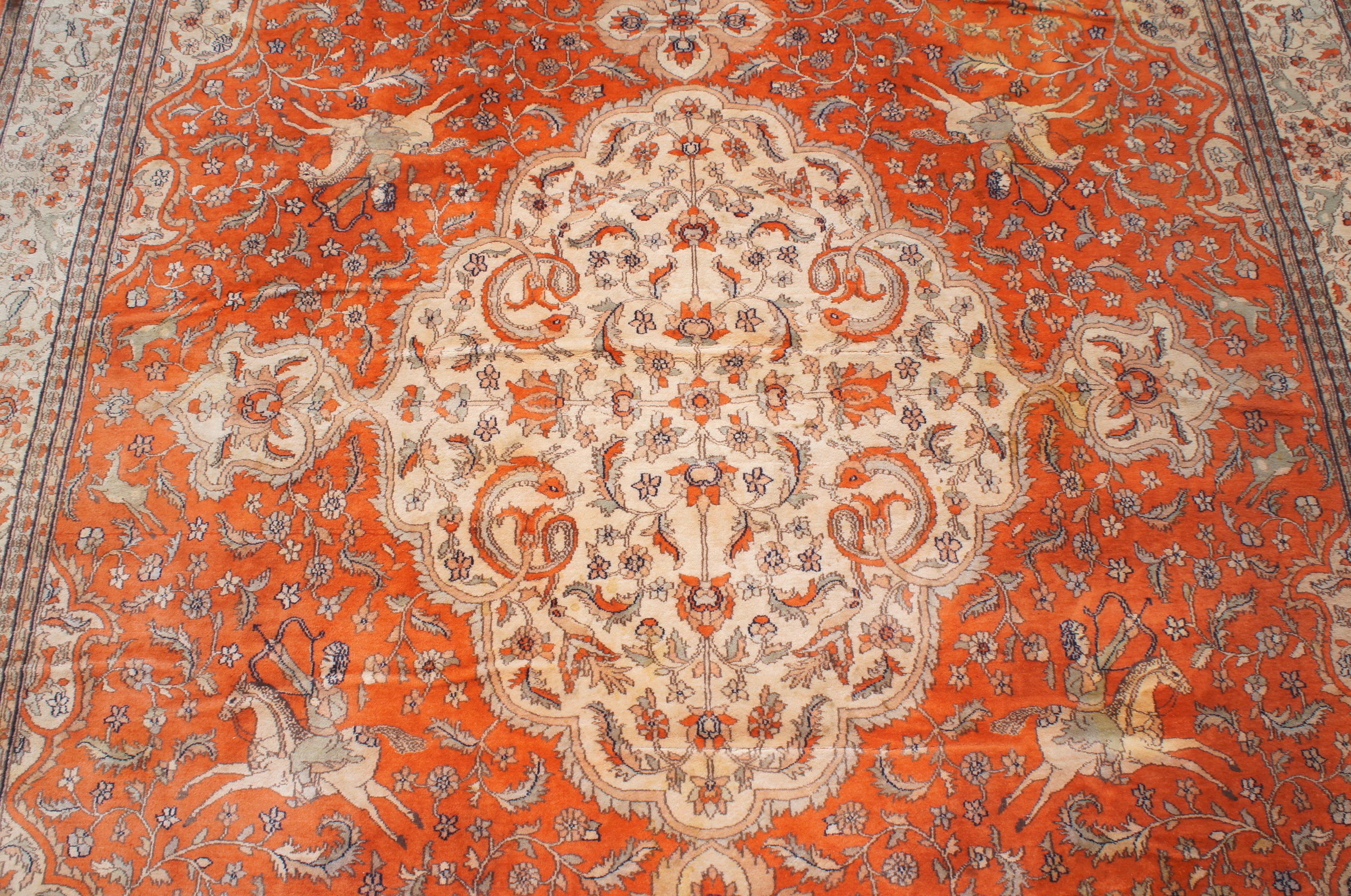 Antique Tabriz Indo Persian Hunt Area Rug Wool Medallion Isfahan For Sale 5