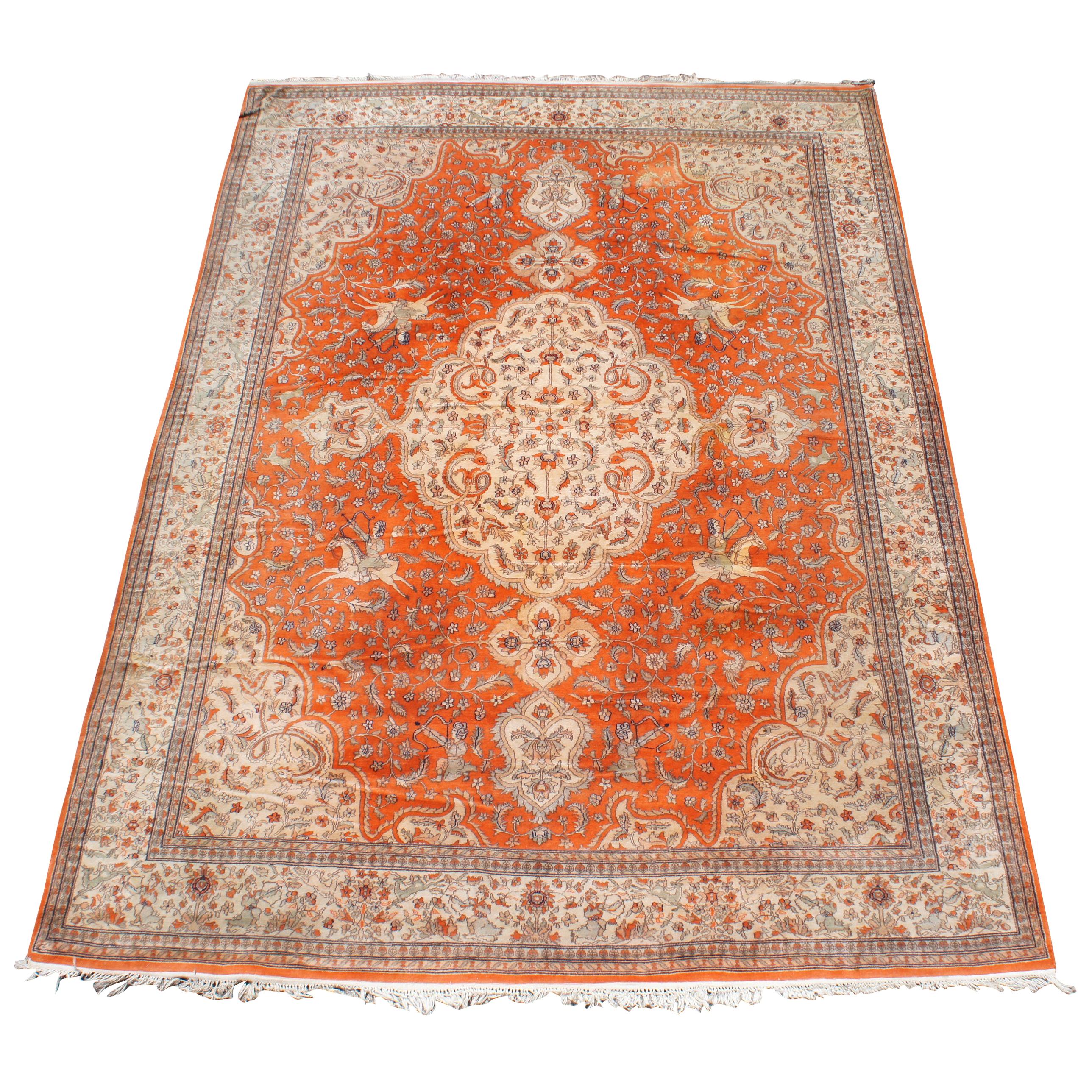 Antique Tabriz Indo Persian Hunt Area Rug Wool Medallion Isfahan For Sale