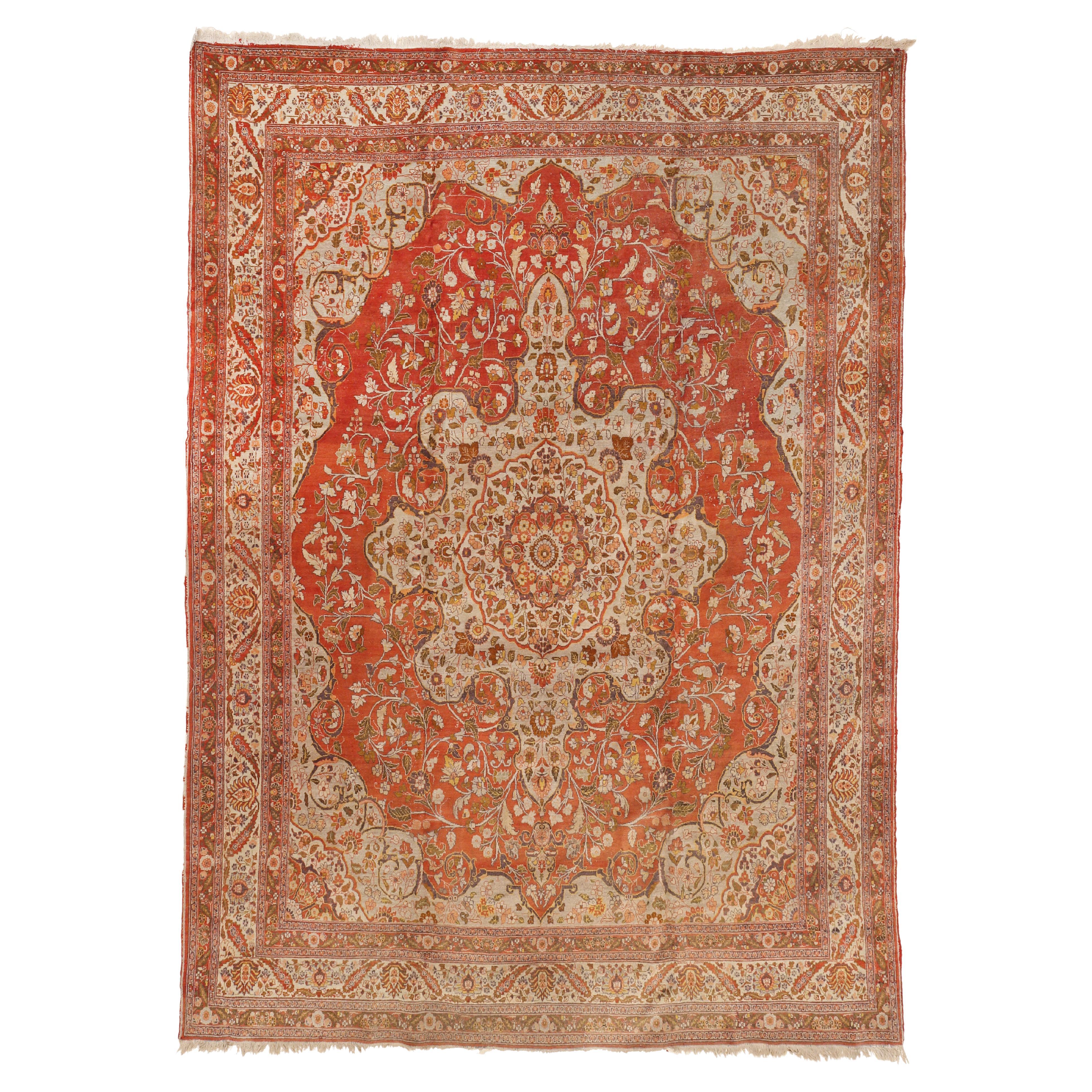 Tapis Tabriz ancien sur fond terre cuite douce et bleu pâle en vente