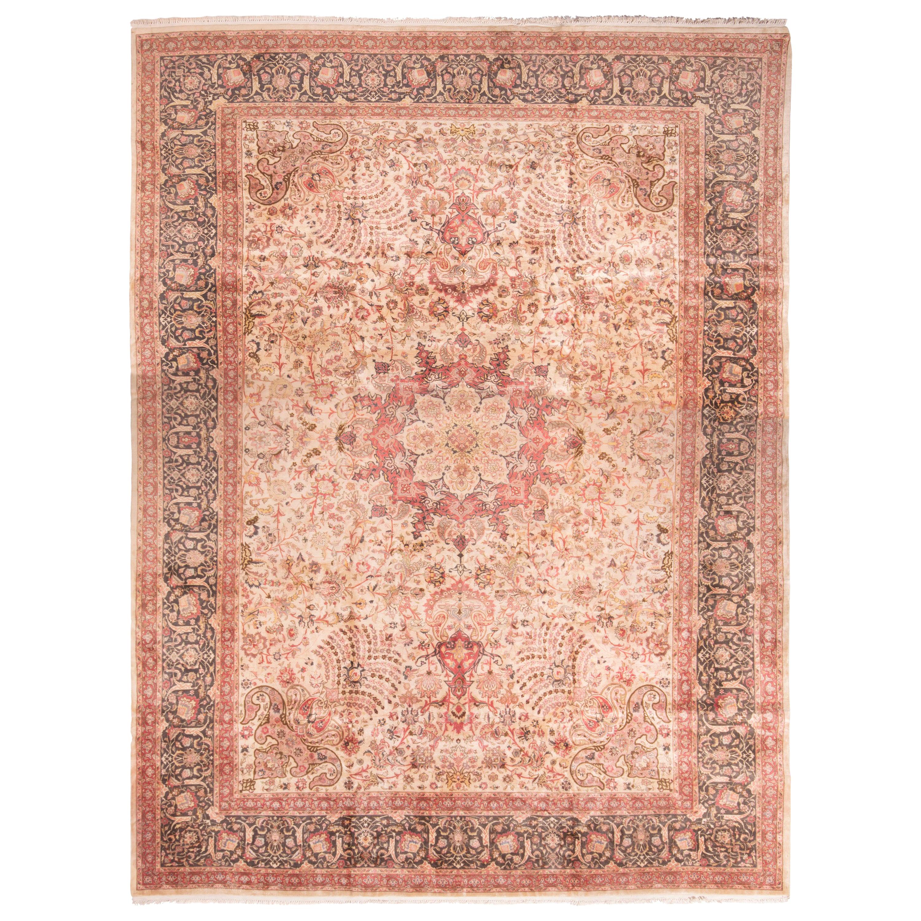 Antique Tabriz Medallion-Style Pink Wool Rug with Floral Patterns For Sale