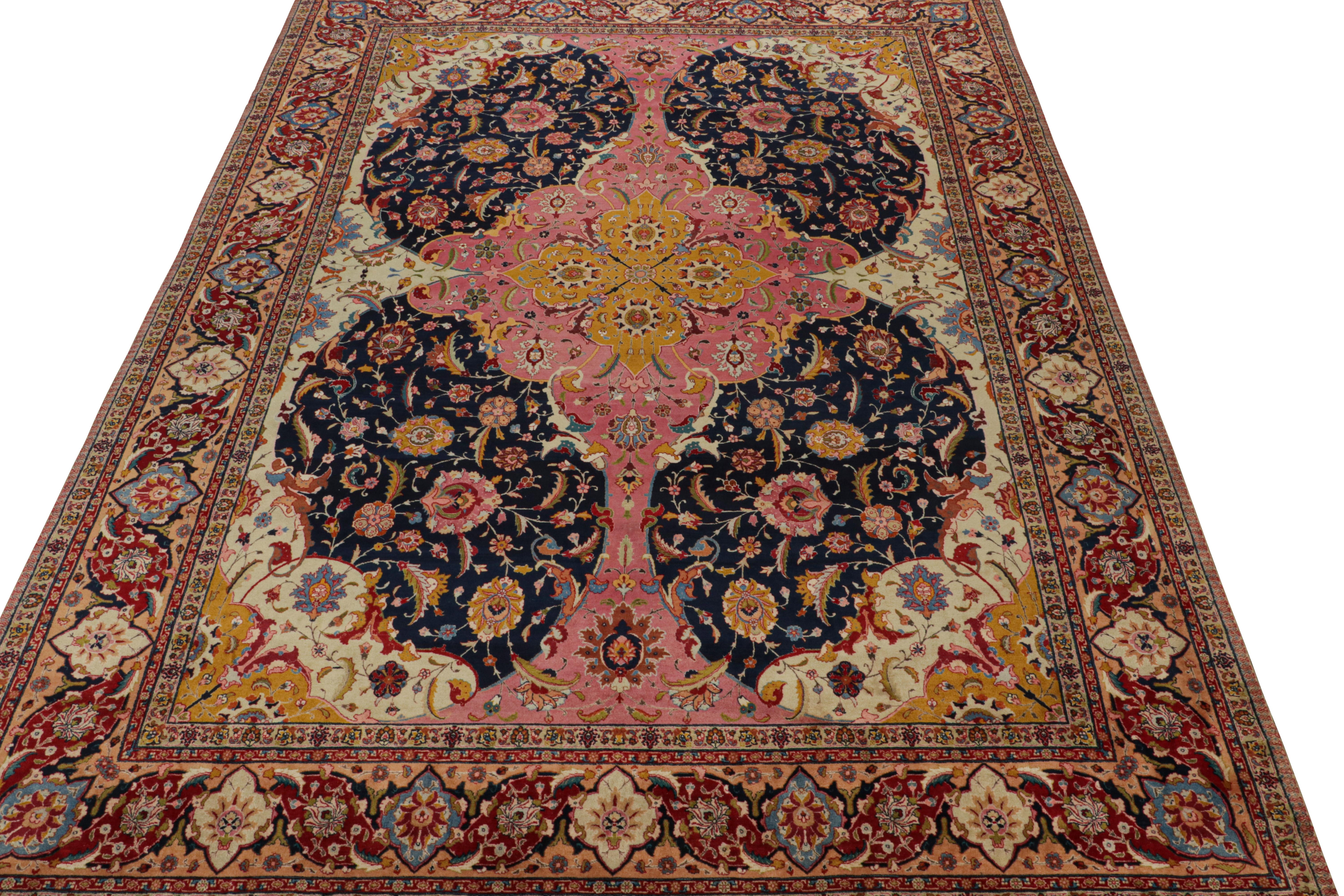 Hand-Knotted Antique Tabriz Persian Bellini rug in Pink, Blue & Gold Florals For Sale