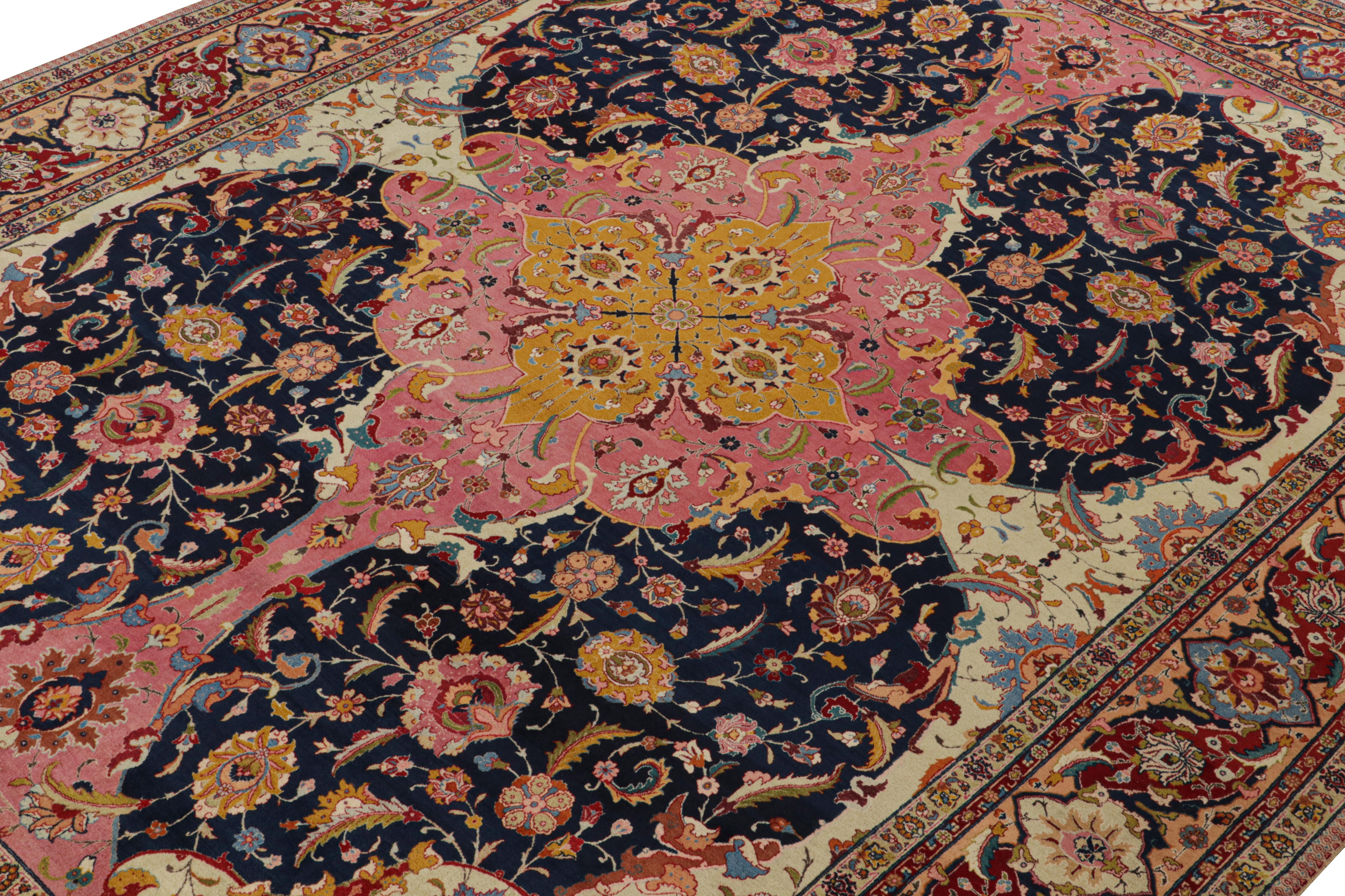 Antique Tabriz Persian Bellini rug in Pink, Blue & Gold Florals In Good Condition For Sale In Long Island City, NY