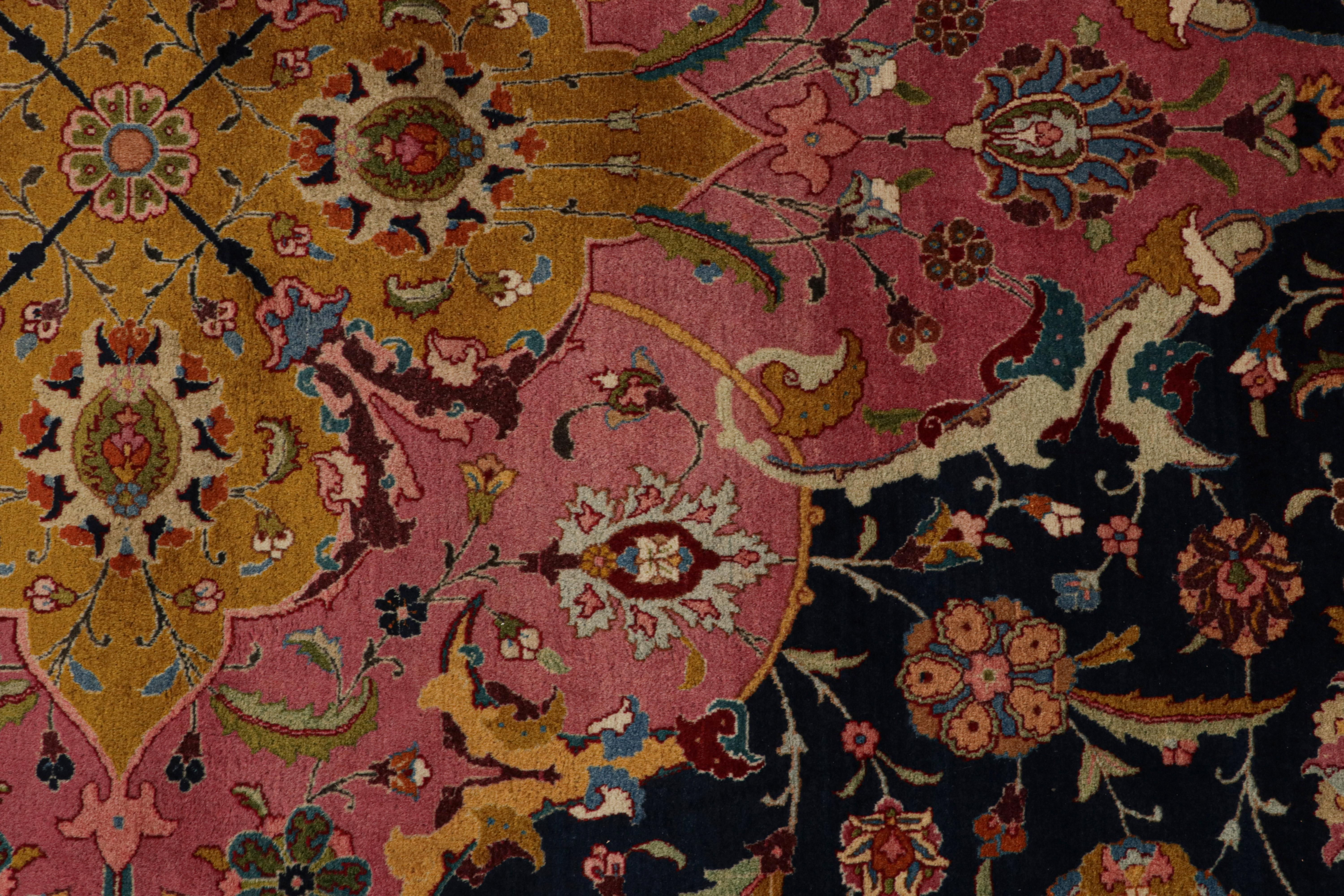 Wool Antique Tabriz Persian Bellini rug in Pink, Blue & Gold Florals For Sale