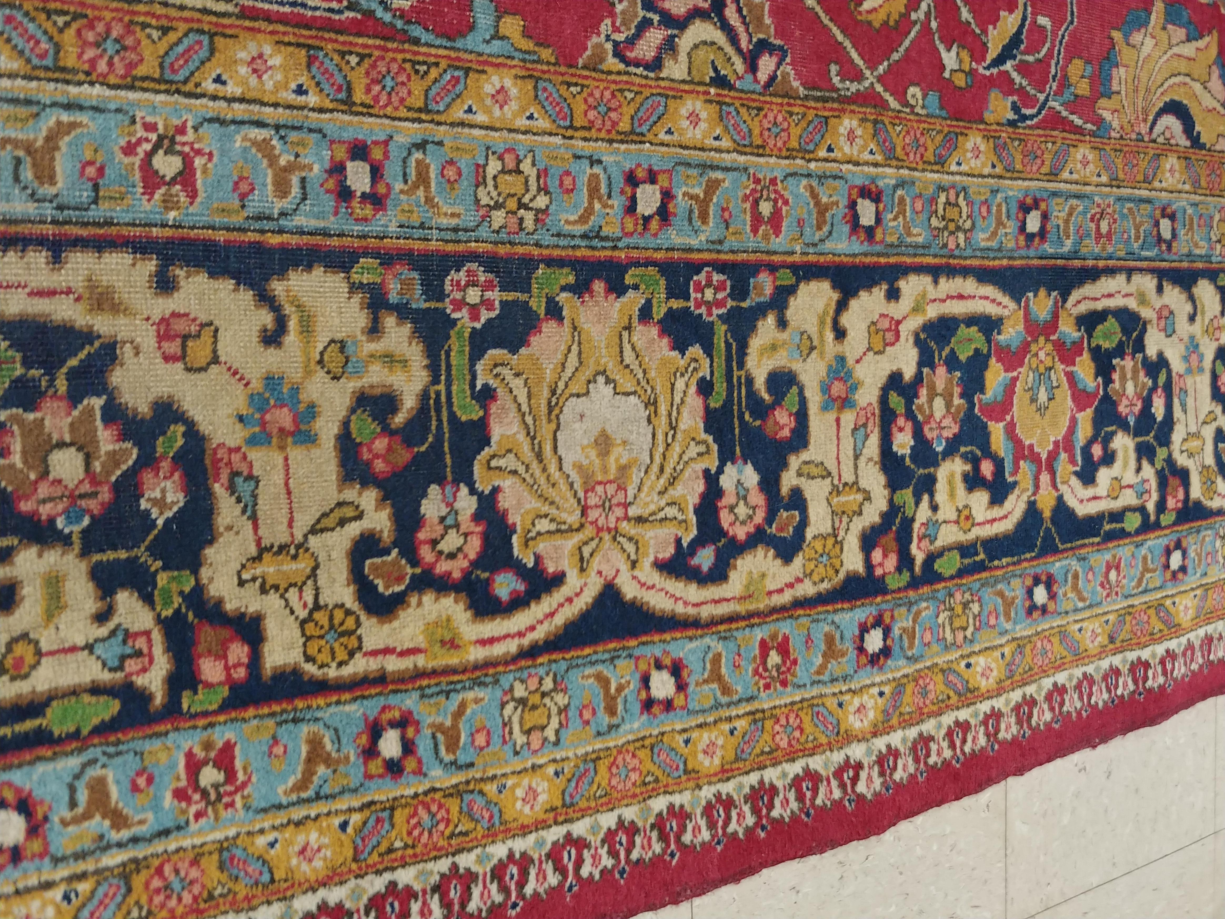 Antique Tabriz Persian Carpet, Handmade Oriental Rug, Red, Caramel, Light Blue 4