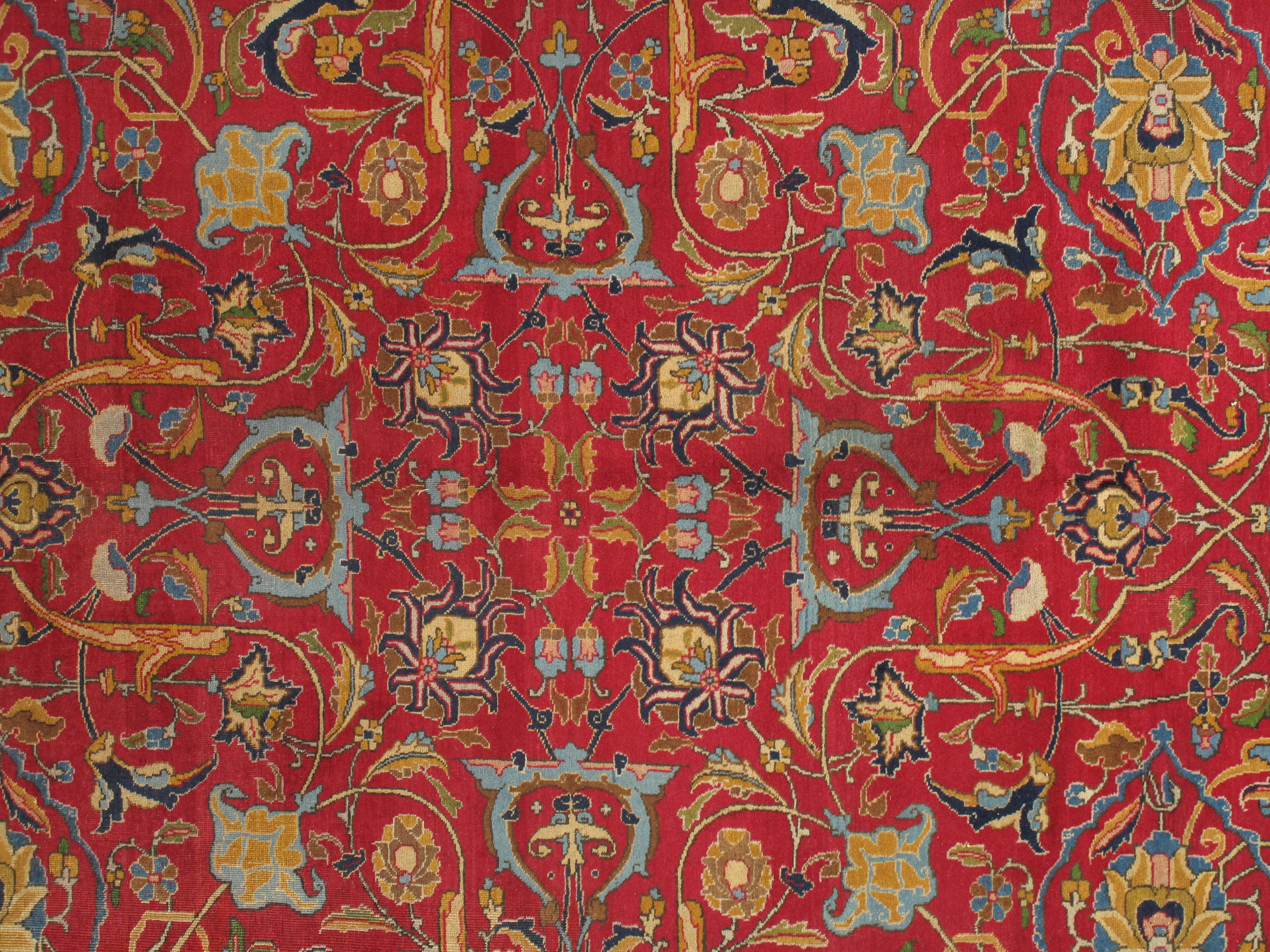 Antique Tabriz Persian Carpet, Handmade Oriental Rug, Red, Caramel, Light Blue 5