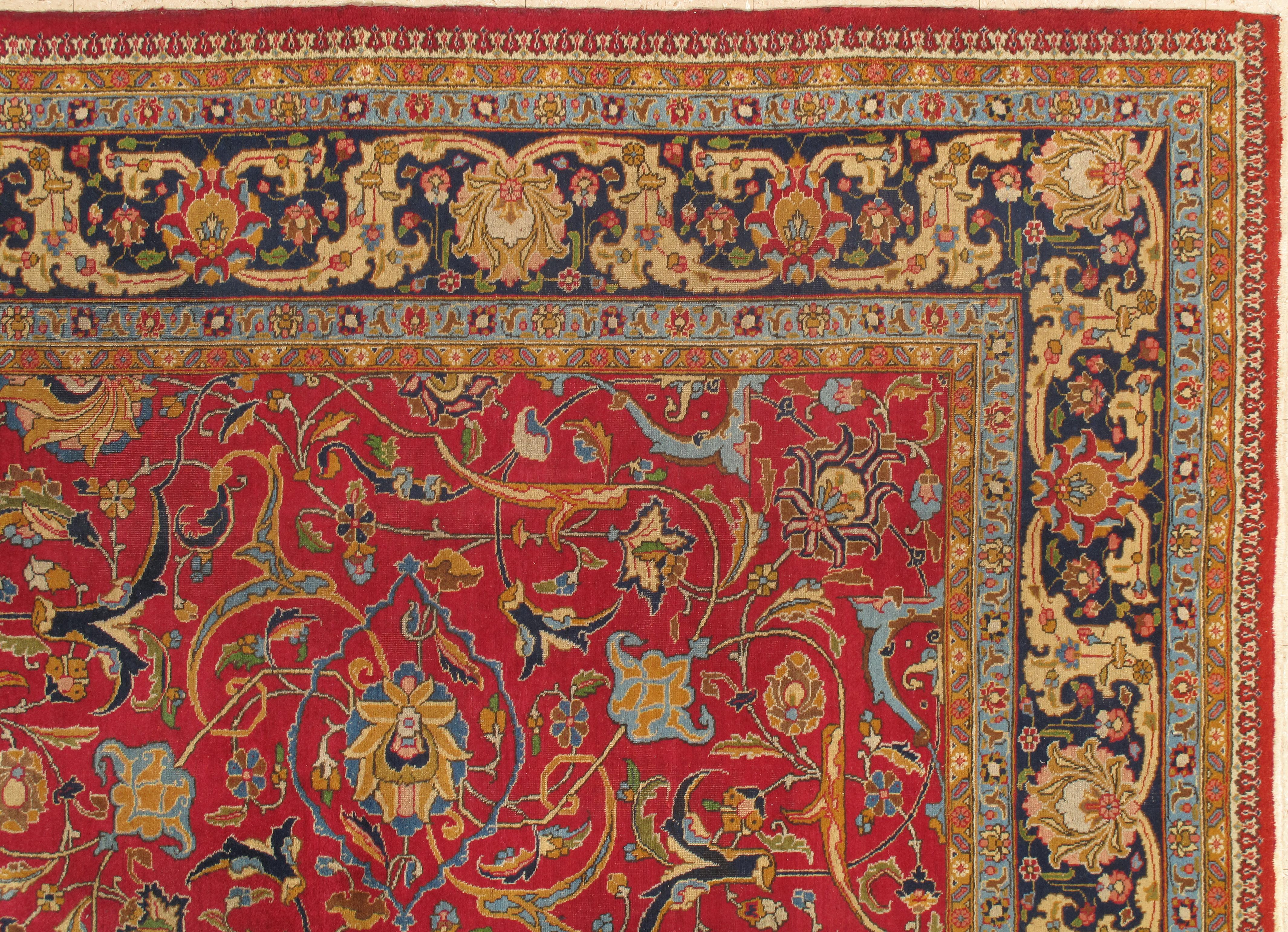 Hand-Knotted Antique Tabriz Persian Carpet, Handmade Oriental Rug, Red, Caramel, Light Blue