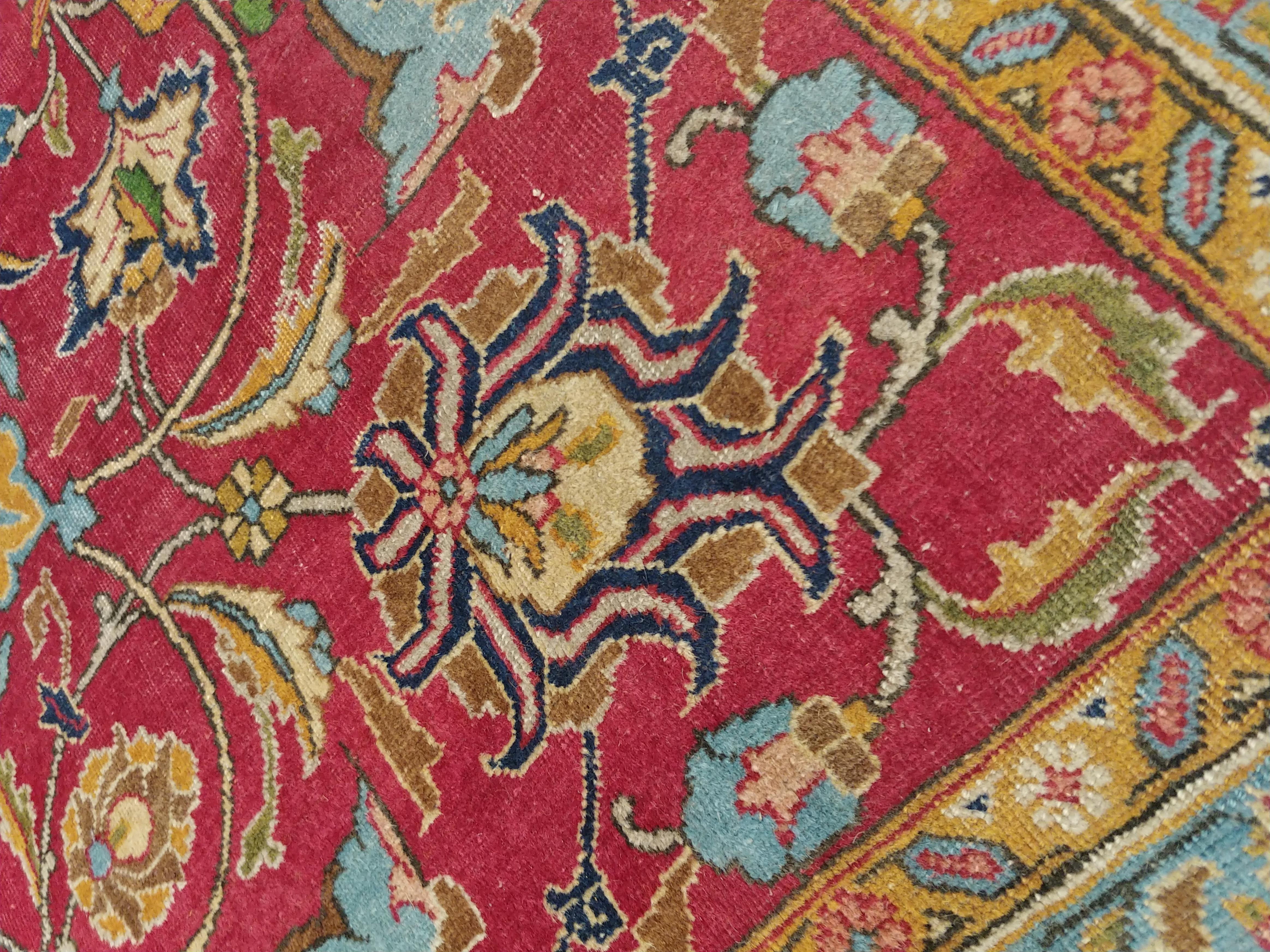 Antique Tabriz Persian Carpet, Handmade Oriental Rug, Red, Caramel, Light Blue In Good Condition In Port Washington, NY
