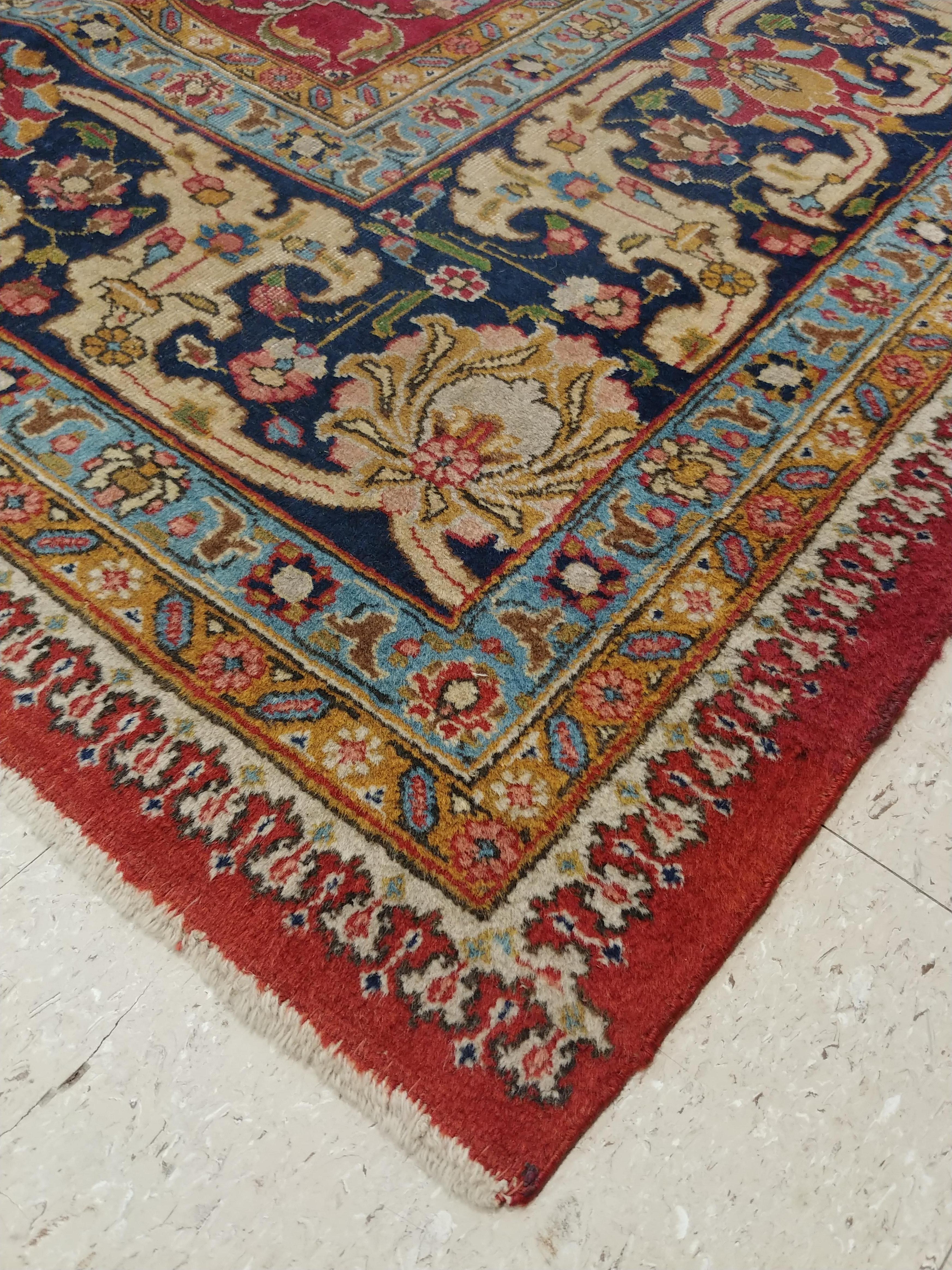 20th Century Antique Tabriz Persian Carpet, Handmade Oriental Rug, Red, Caramel, Light Blue