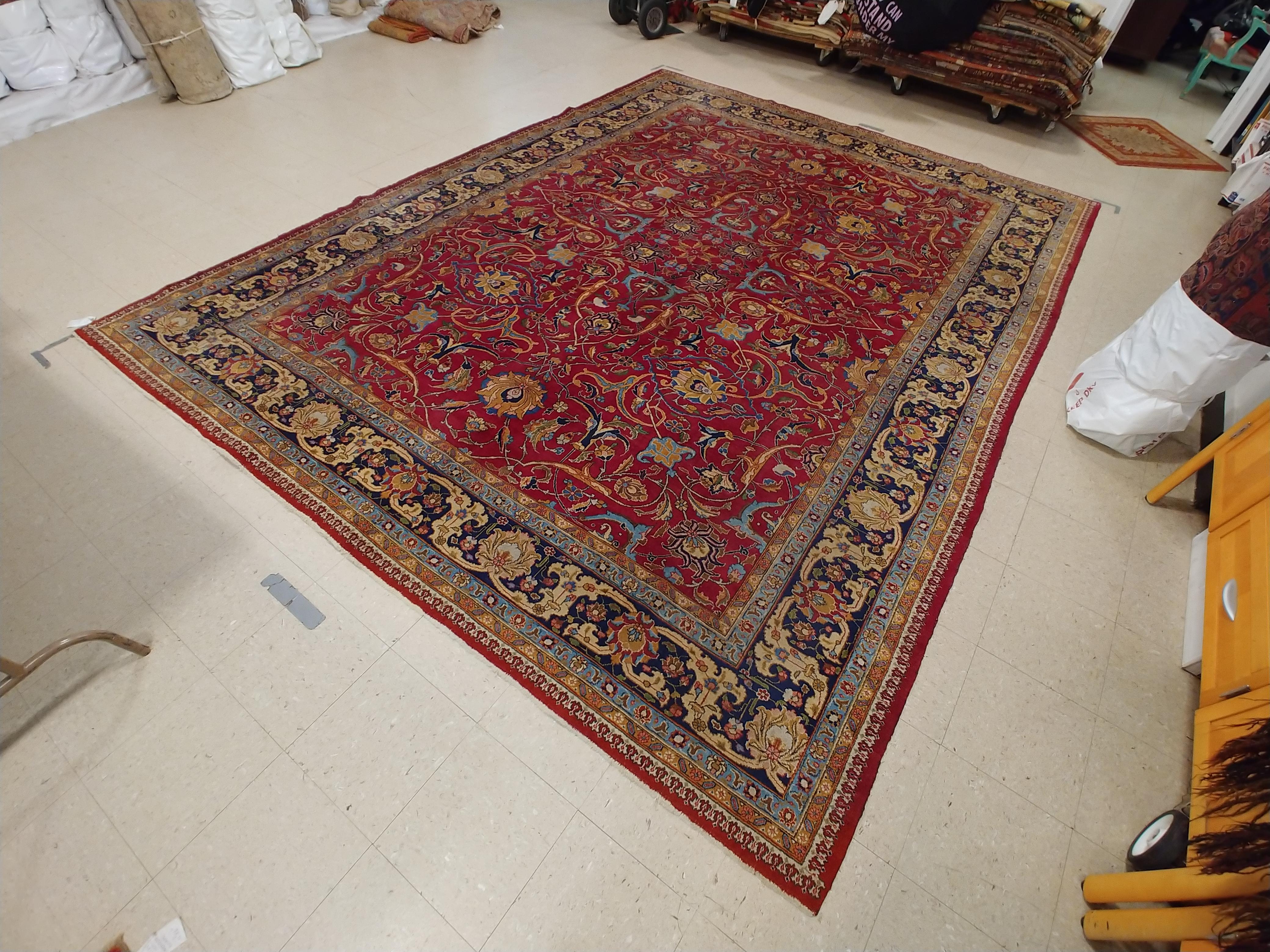 Wool Antique Tabriz Persian Carpet, Handmade Oriental Rug, Red, Caramel, Light Blue