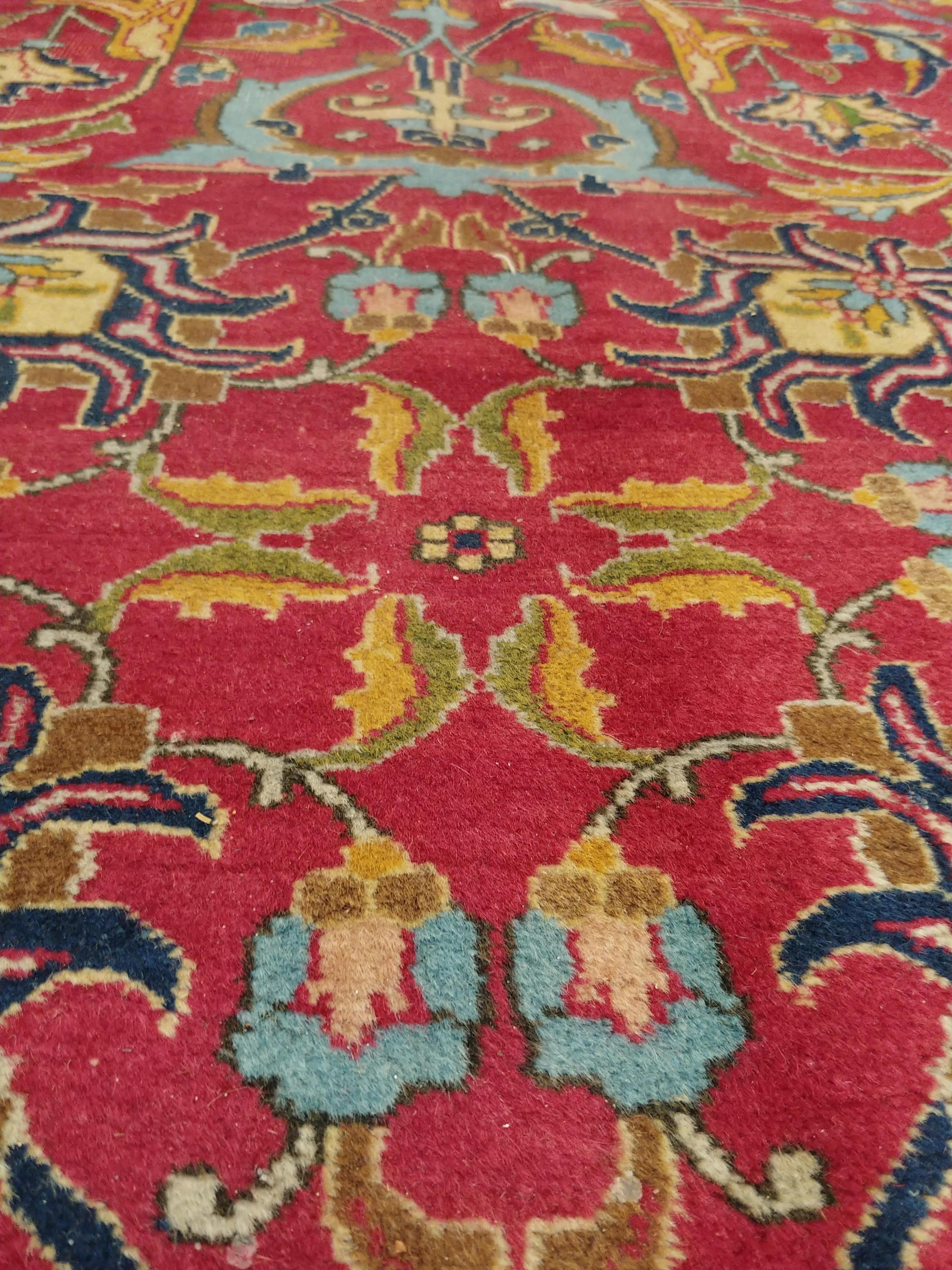 Antique Tabriz Persian Carpet, Handmade Oriental Rug, Red, Caramel, Light Blue 1