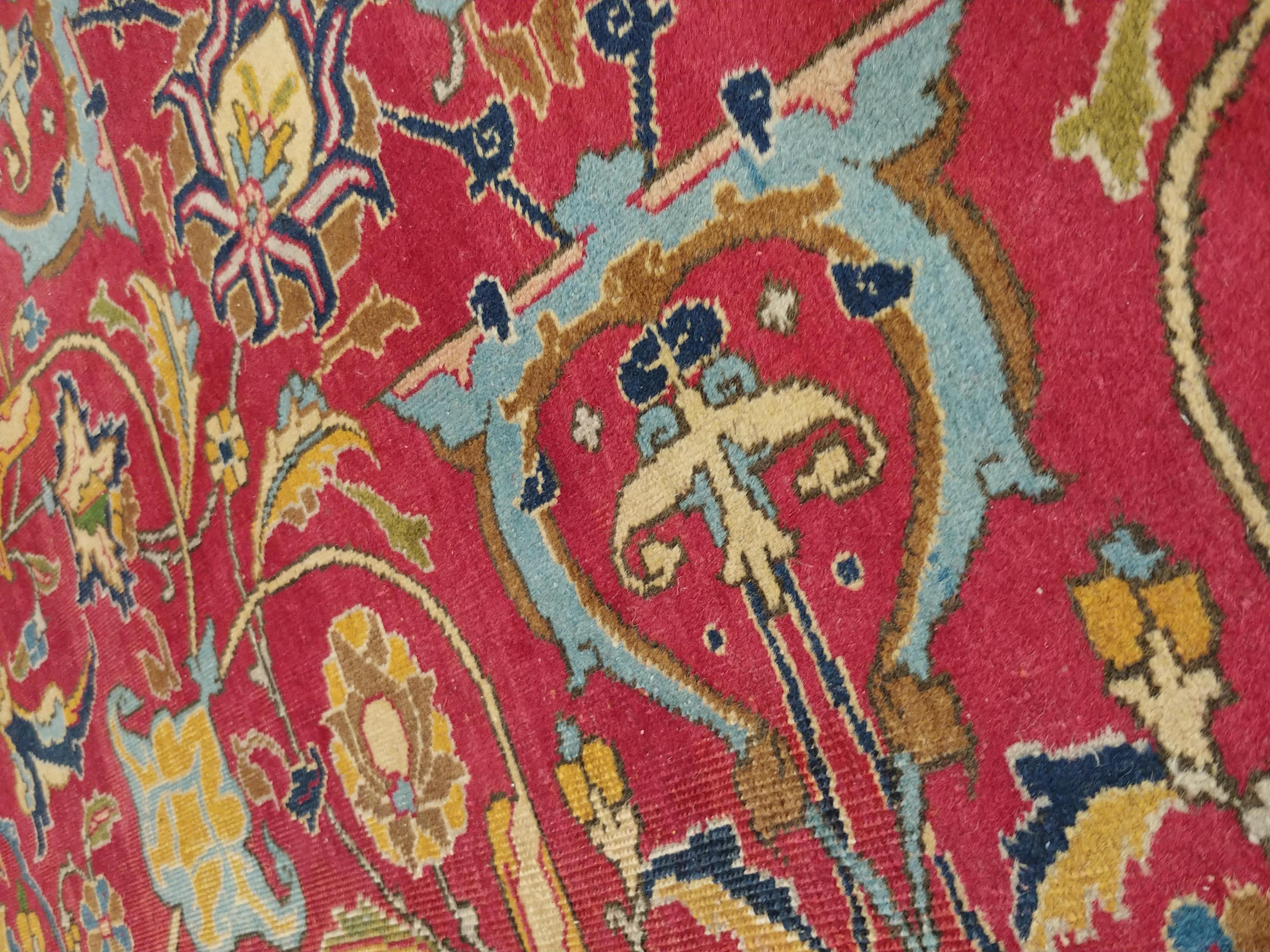 Antique Tabriz Persian Carpet, Handmade Oriental Rug, Red, Caramel, Light Blue 2