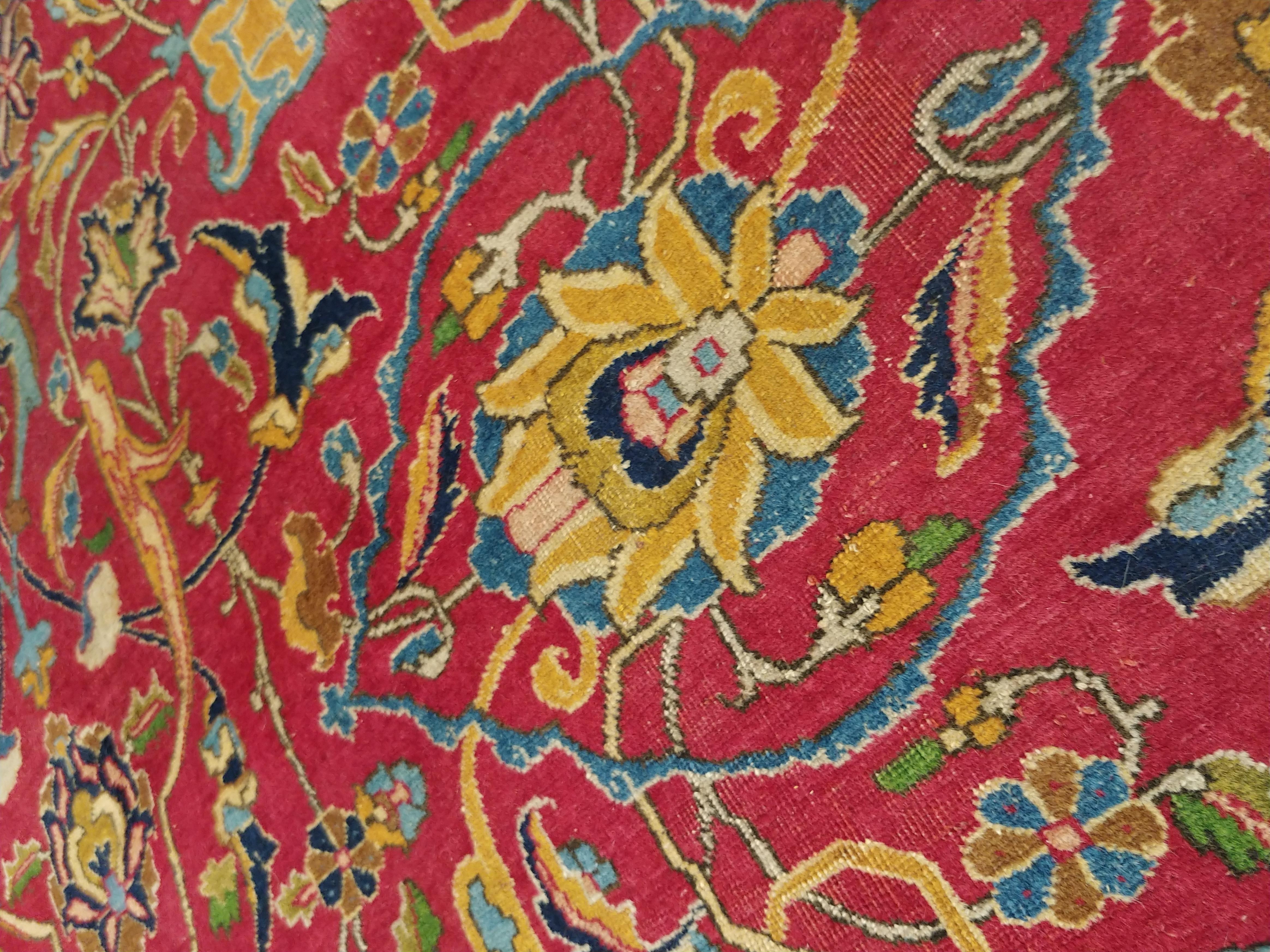 Antique Tabriz Persian Carpet, Handmade Oriental Rug, Red, Caramel, Light Blue 3