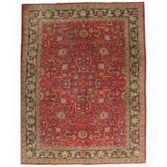 Antique Tabriz Persian Carpet, Handmade Oriental Rug, Red, Caramel, Light Blue