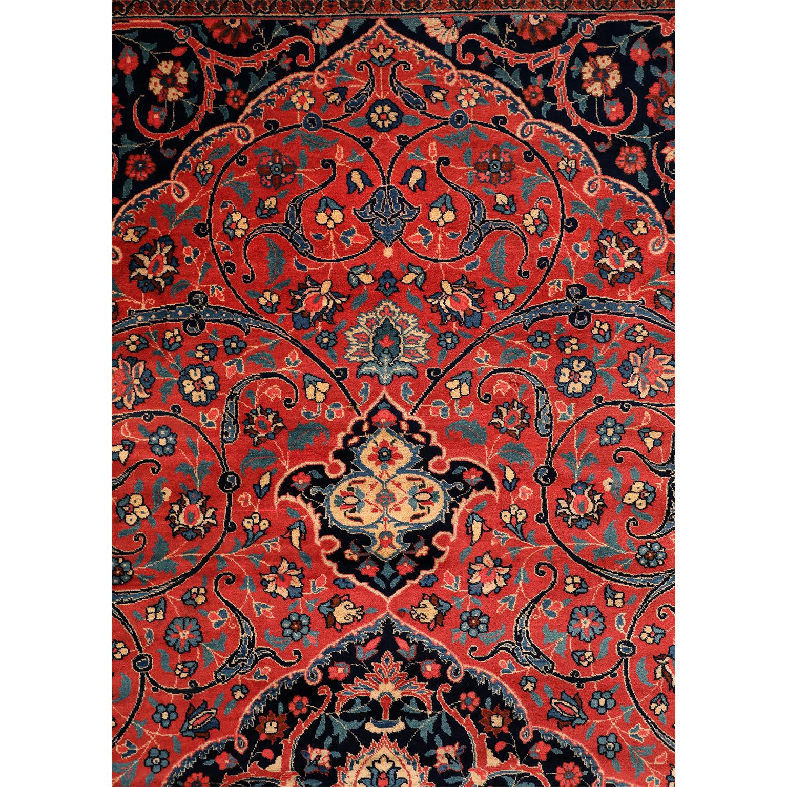 Vegetable Dyed Hand-knotted Antique 1920s Wool Persian Tabriz Rug, Red and Indigo, 11' x 15' For Sale