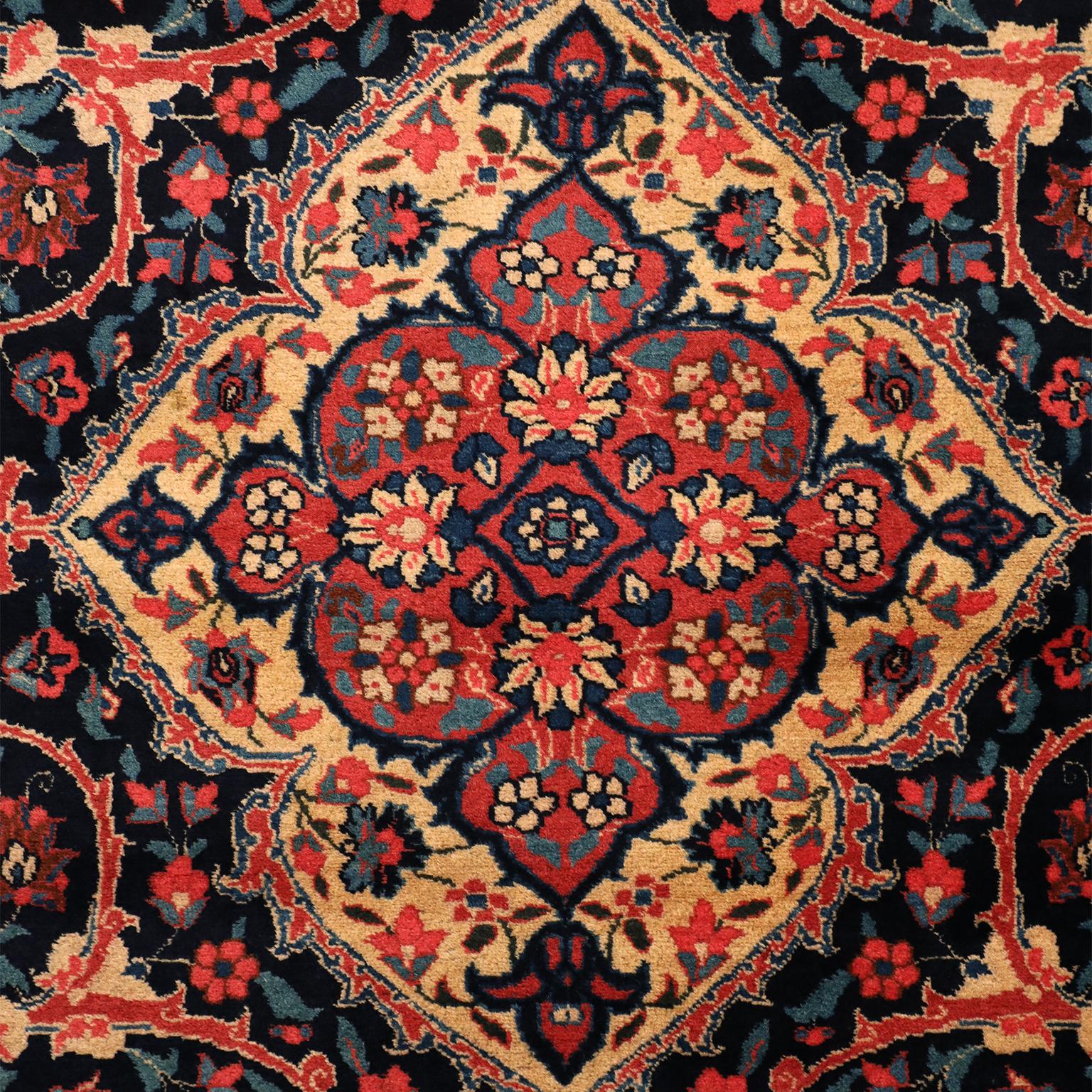 Hand-knotted Antique 1920s Wool Persian Tabriz Rug, Red and Indigo, 11' x 15' In Good Condition For Sale In New York, NY