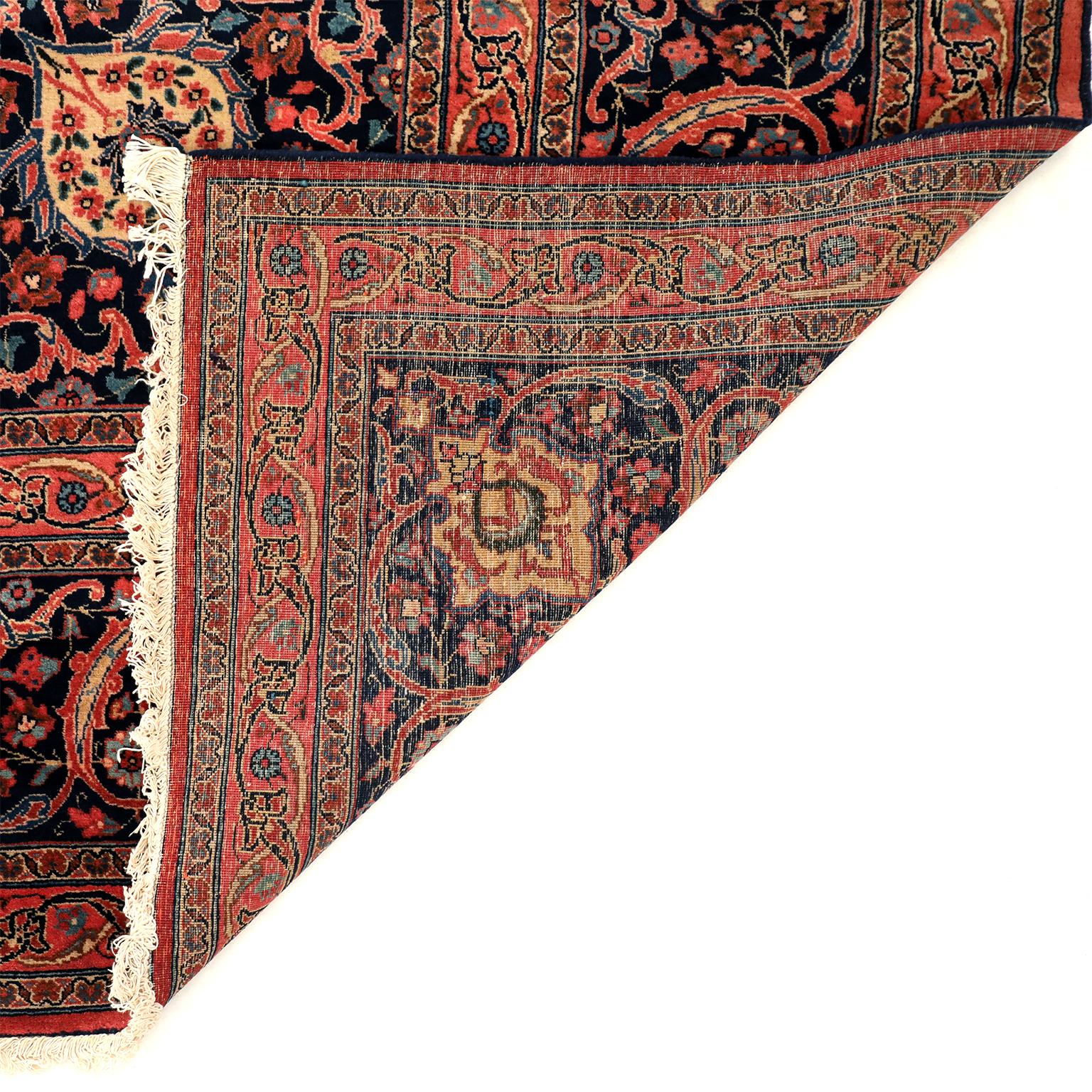 Early 20th Century Hand-knotted Antique 1920s Wool Persian Tabriz Rug, Red and Indigo, 11' x 15' For Sale