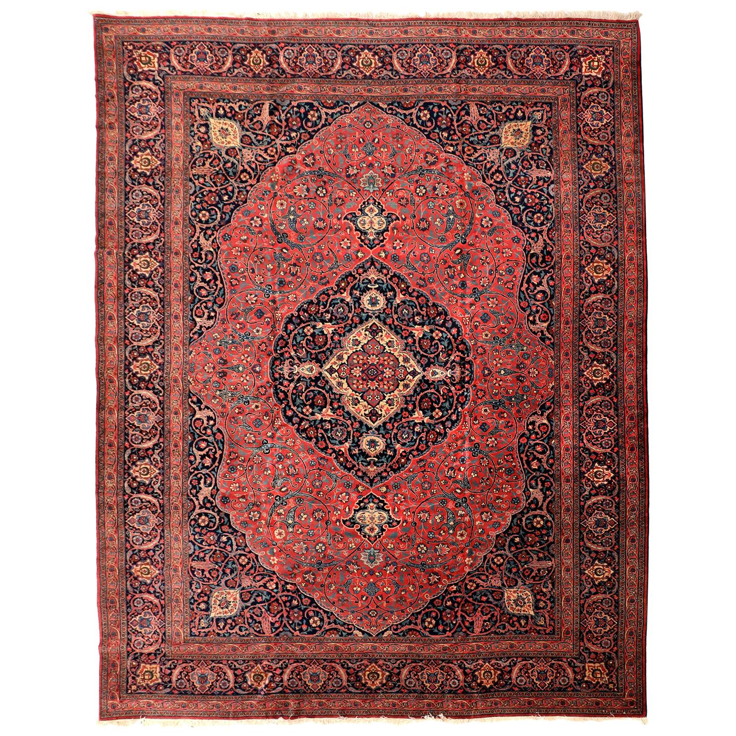 Antique 1920s Persian Tabriz Rug, Red & Indigo, 11x15