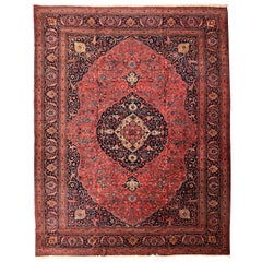 Hand-knotted Antique 1920s Wool Persian Tabriz Rug, Red and Indigo, 11' x 15'