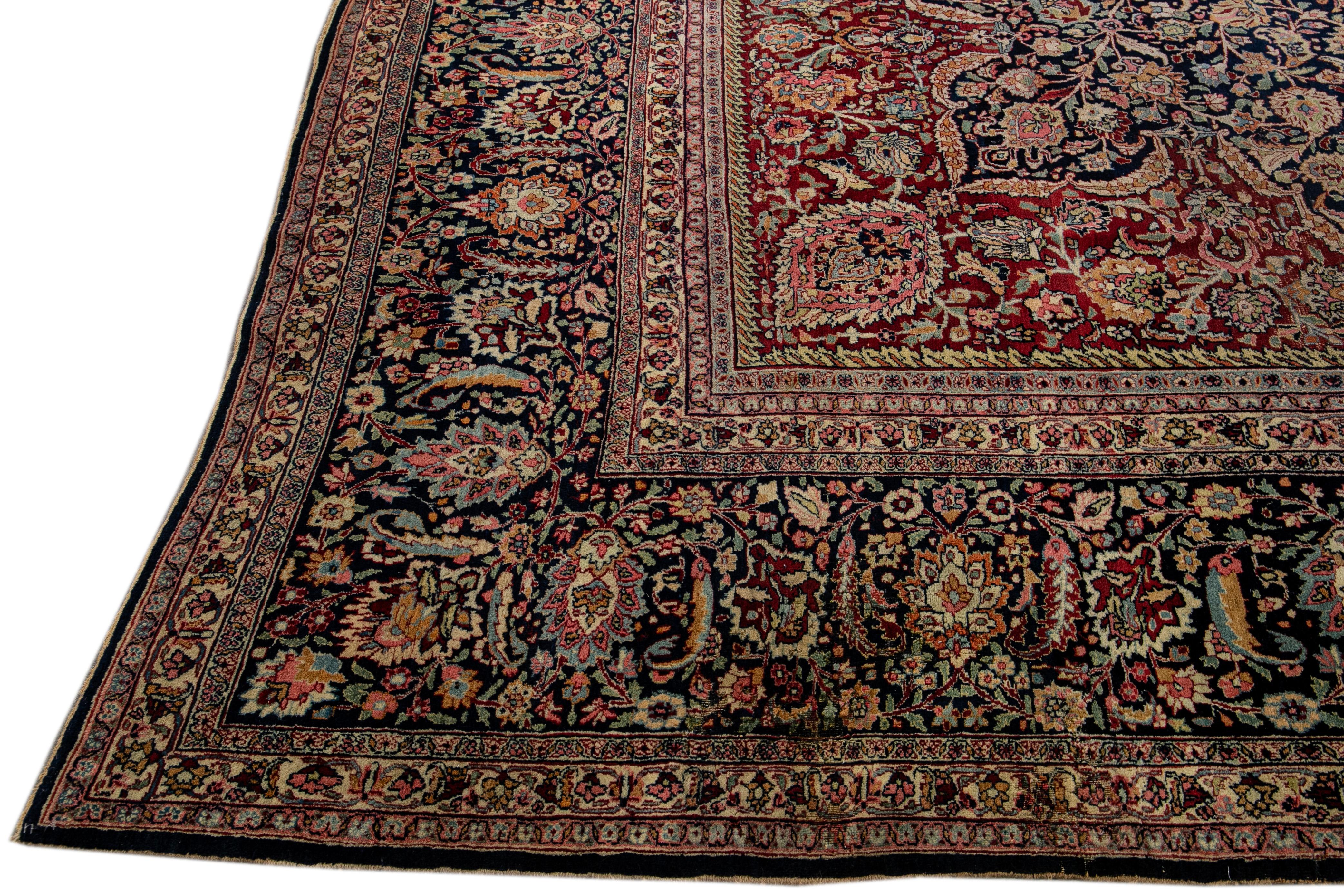 Hand-Knotted Antique Tabriz Persian Handmade Blue and Red Medallion Oversize Wool Rug For Sale